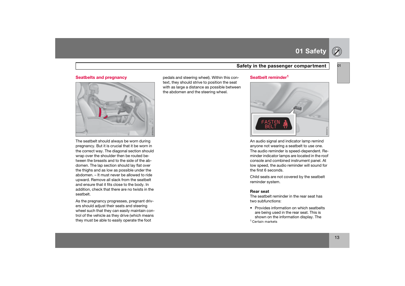 Seatbelts and pregnancy, Seatbelt reminder, 01 safety | Volvo 2007 S80 User Manual | Page 14 / 234