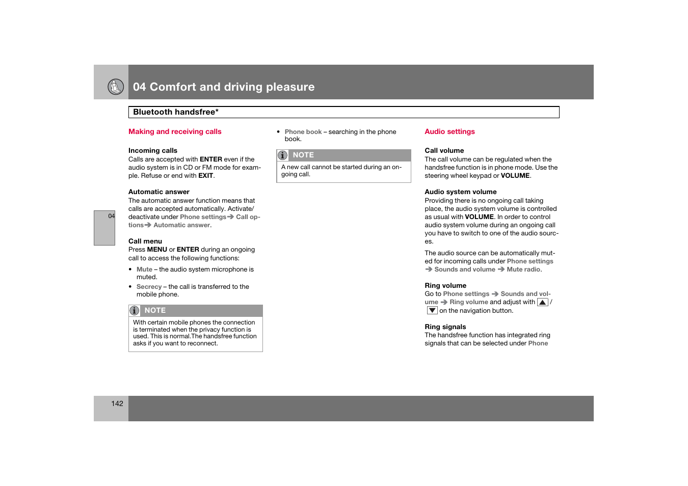 Making and receiving calls, Audio settings, 04 comfort and driving pleasure | Volvo 2007 S80 User Manual | Page 143 / 234