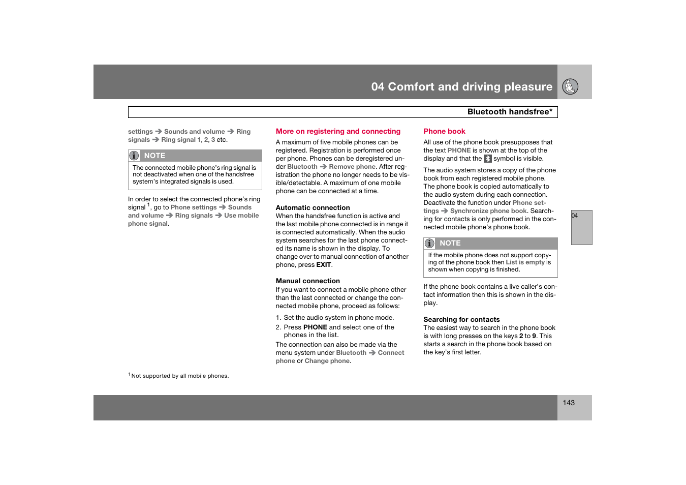 More on registering and connecting, Phone book, 04 comfort and driving pleasure | Volvo 2007 S80 User Manual | Page 144 / 234