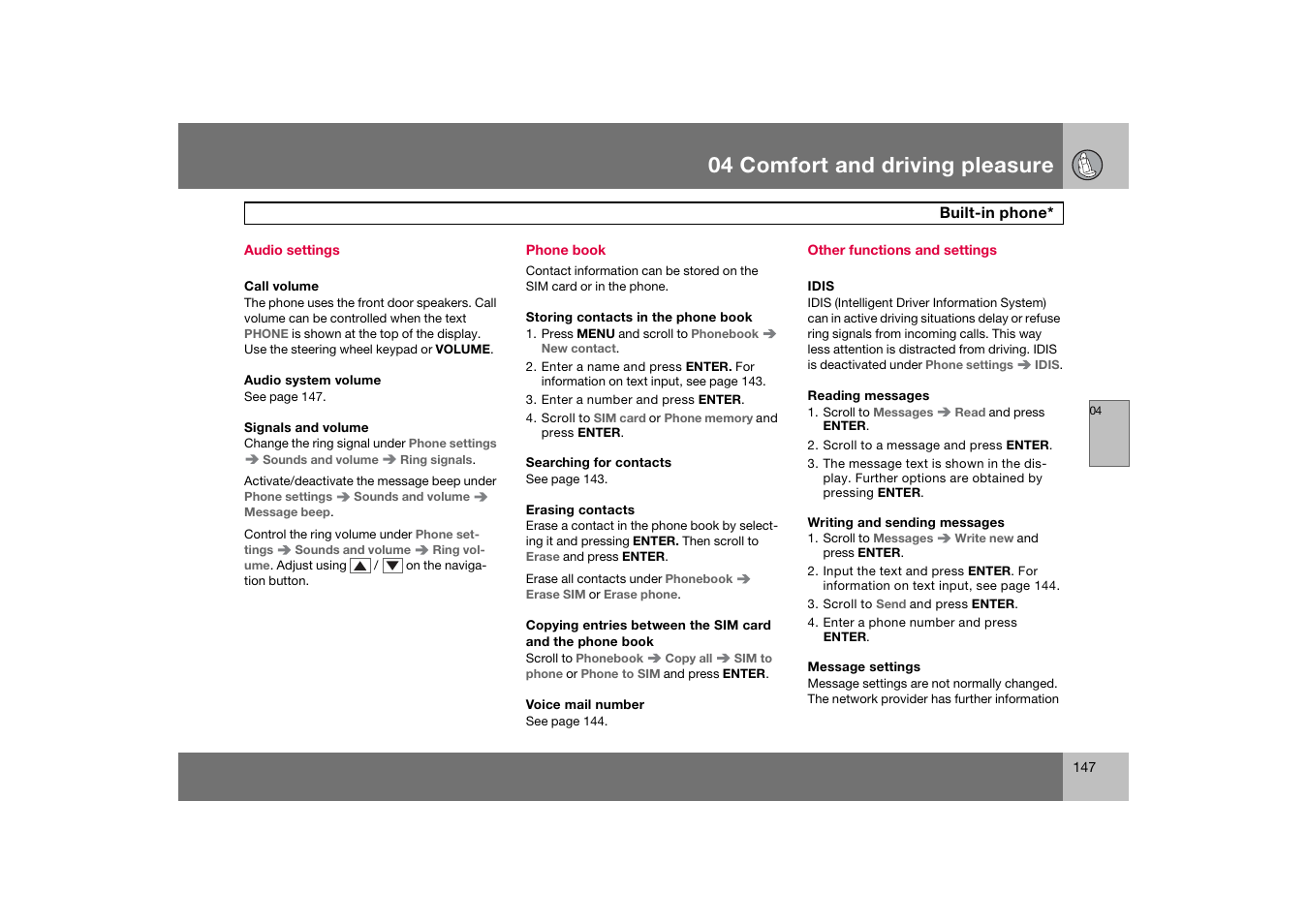 Audio settings, Phone book, Other functions and settings | 04 comfort and driving pleasure | Volvo 2007 S80 User Manual | Page 148 / 234