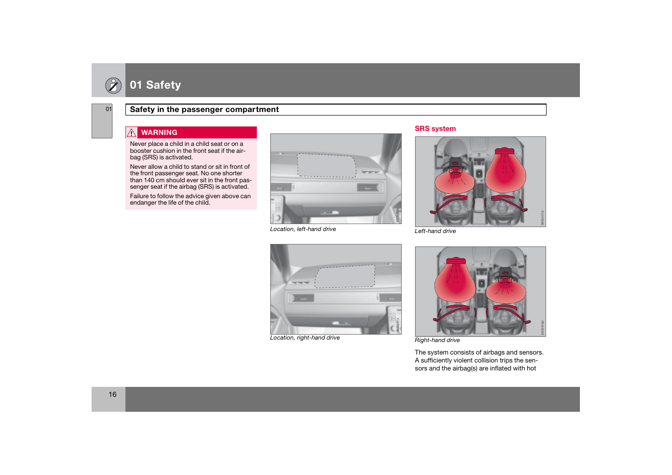 Srs system, 01 safety | Volvo 2007 S80 User Manual | Page 17 / 234