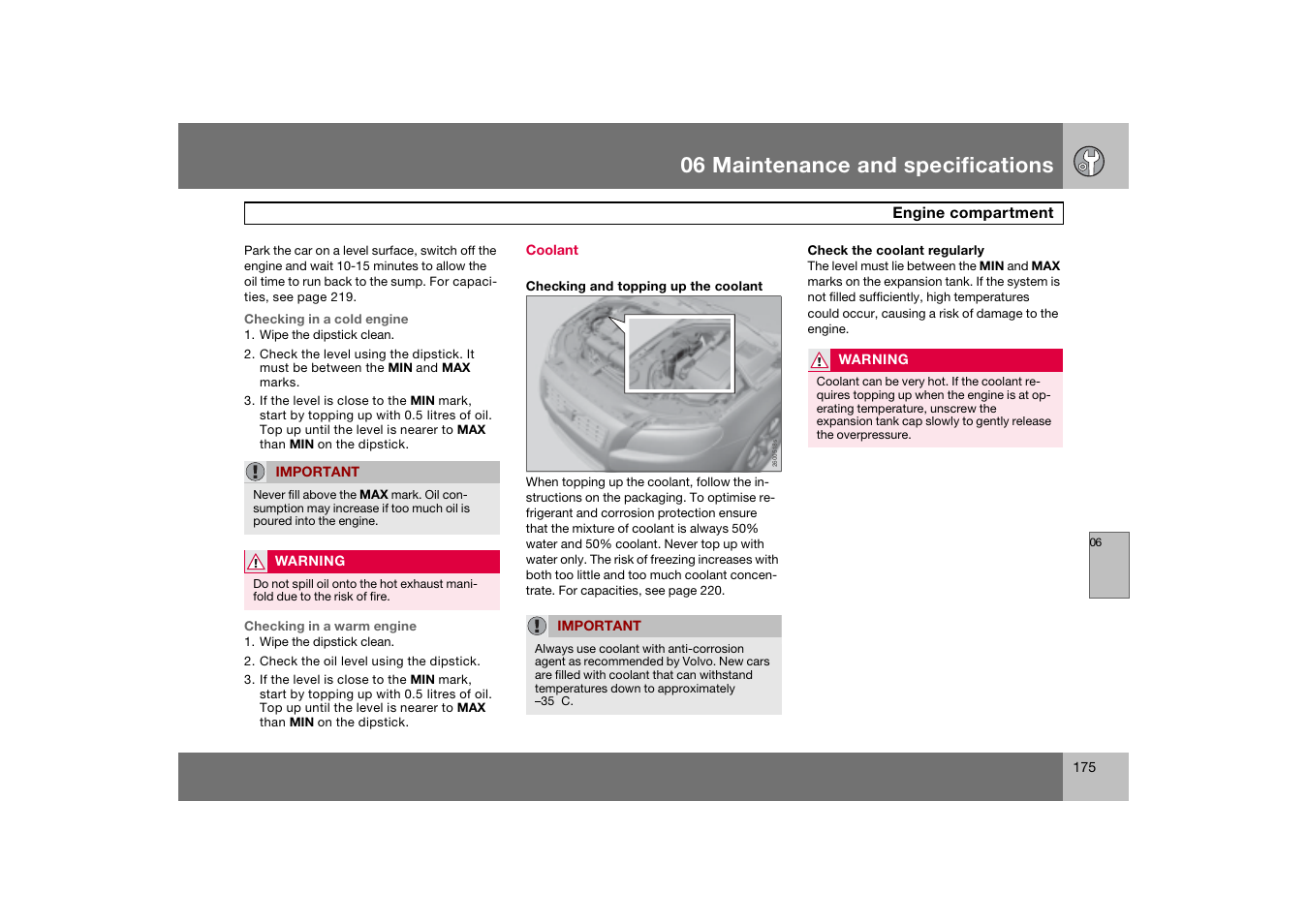 Coolant, 06 maintenance and specifications | Volvo 2007 S80 User Manual | Page 176 / 234