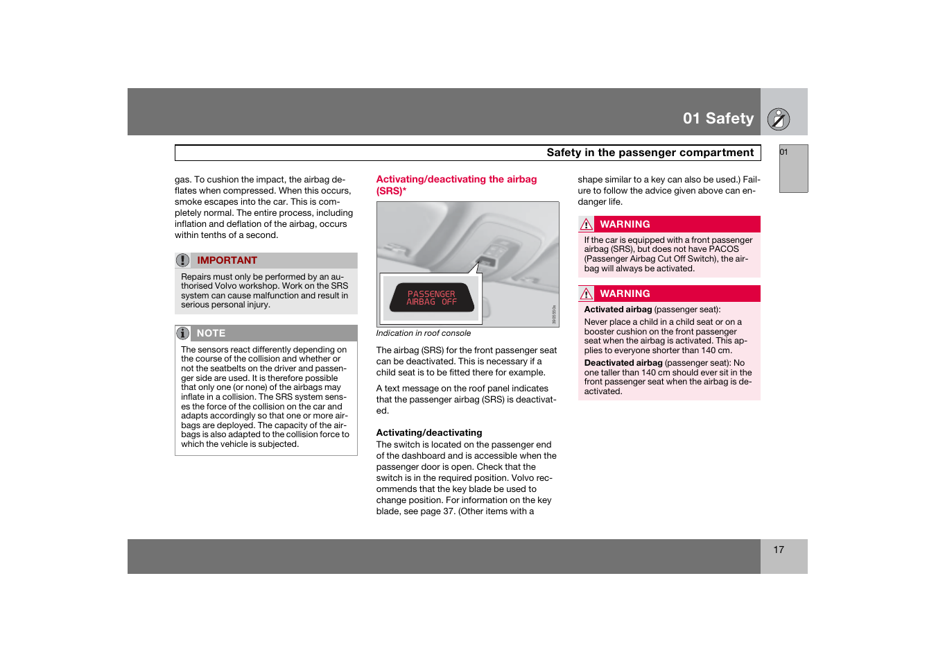 Activating/deactivating the airbag (srs), 01 safety | Volvo 2007 S80 User Manual | Page 18 / 234