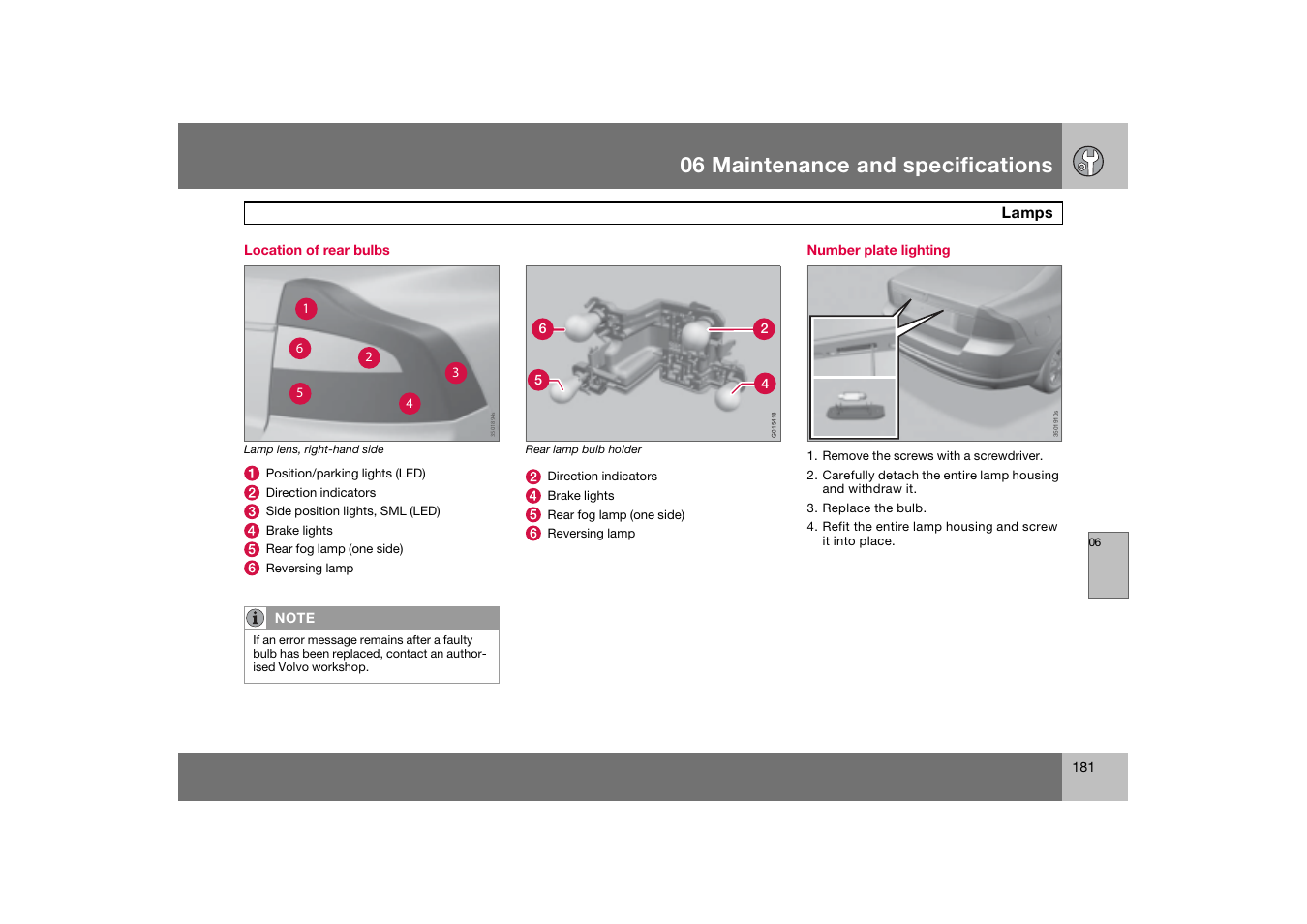 Location of rear bulbs, Number plate lighting, 06 maintenance and specifications | Volvo 2007 S80 User Manual | Page 182 / 234
