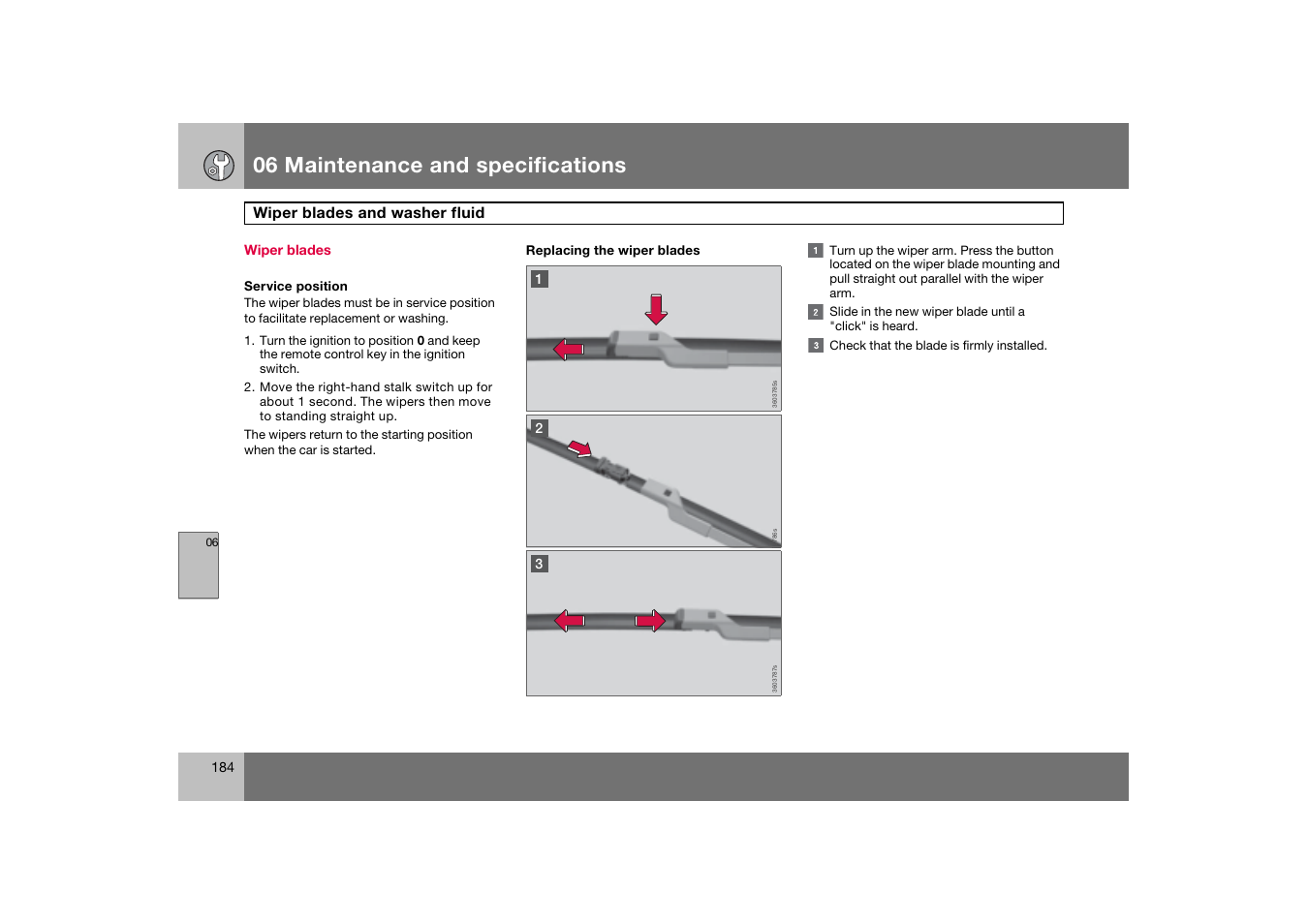 Wiper blades, Wiper blades and washer fluid, 06 maintenance and specifications | Volvo 2007 S80 User Manual | Page 185 / 234