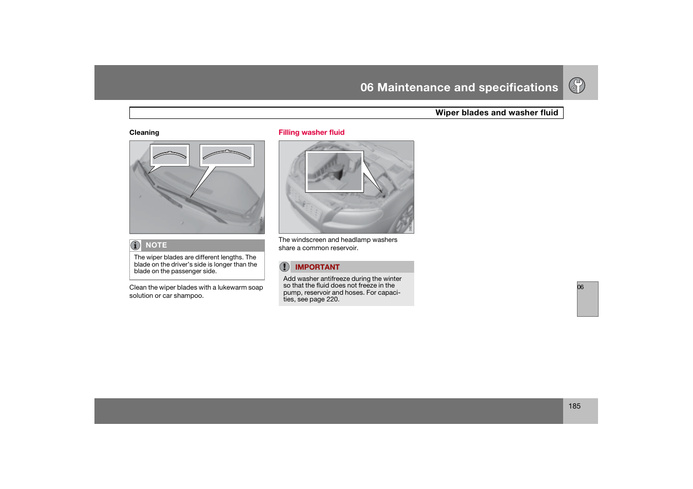 Filling washer fluid, 06 maintenance and specifications | Volvo 2007 S80 User Manual | Page 186 / 234