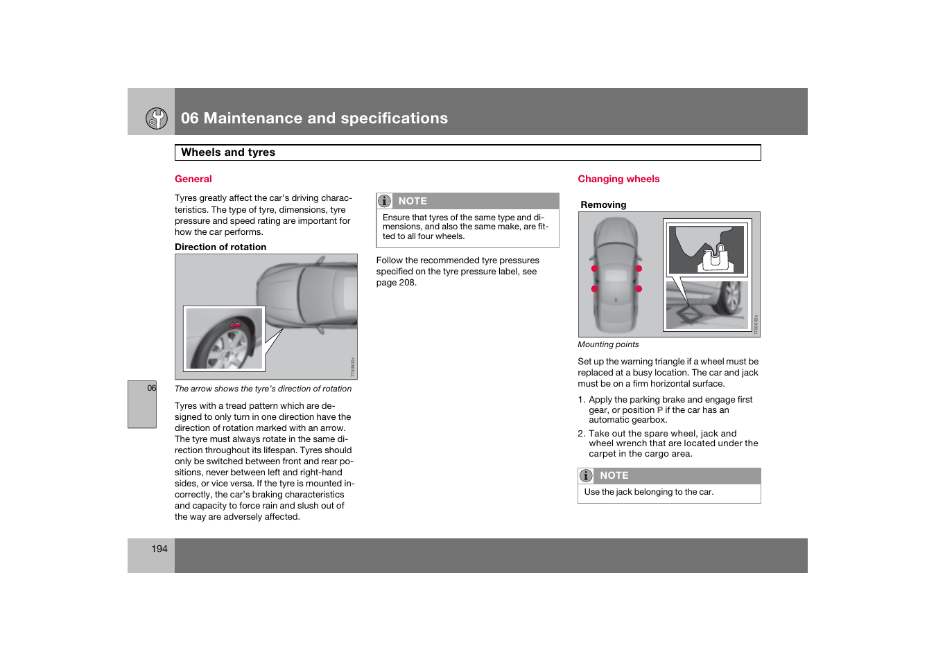 General, Changing wheels, Wheels and tyres | 06 maintenance and specifications | Volvo 2007 S80 User Manual | Page 195 / 234