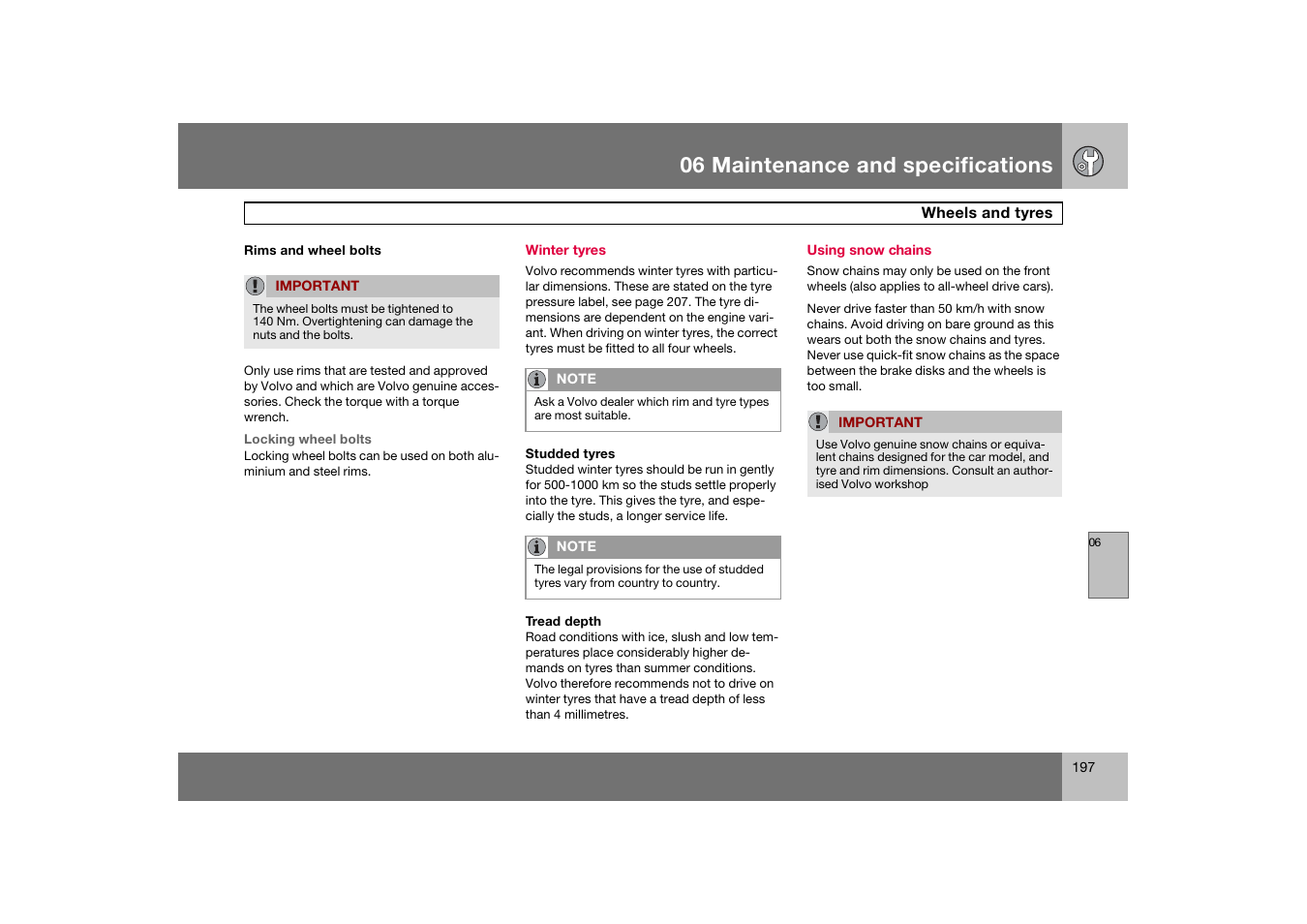 Winter tyres, Using snow chains, 06 maintenance and specifications | Volvo 2007 S80 User Manual | Page 198 / 234