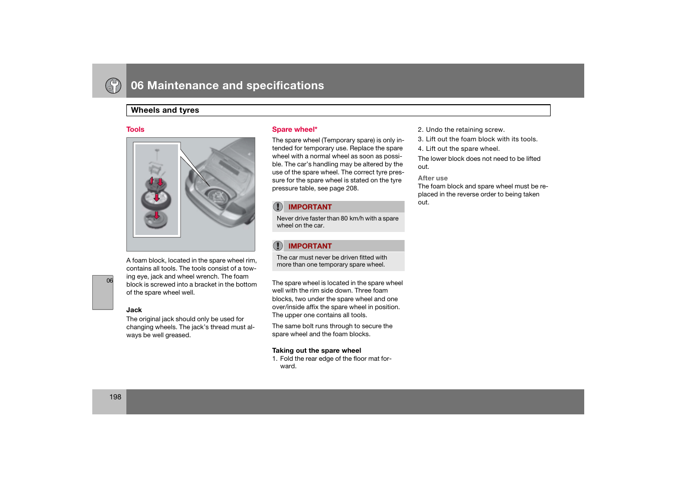 Tools, Spare wheel, 06 maintenance and specifications | Volvo 2007 S80 User Manual | Page 199 / 234