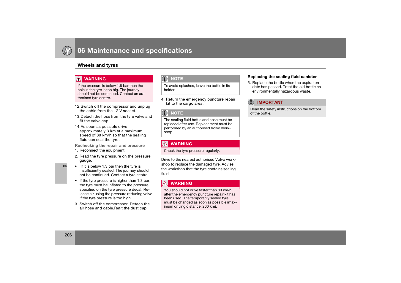 06 maintenance and specifications | Volvo 2007 S80 User Manual | Page 207 / 234