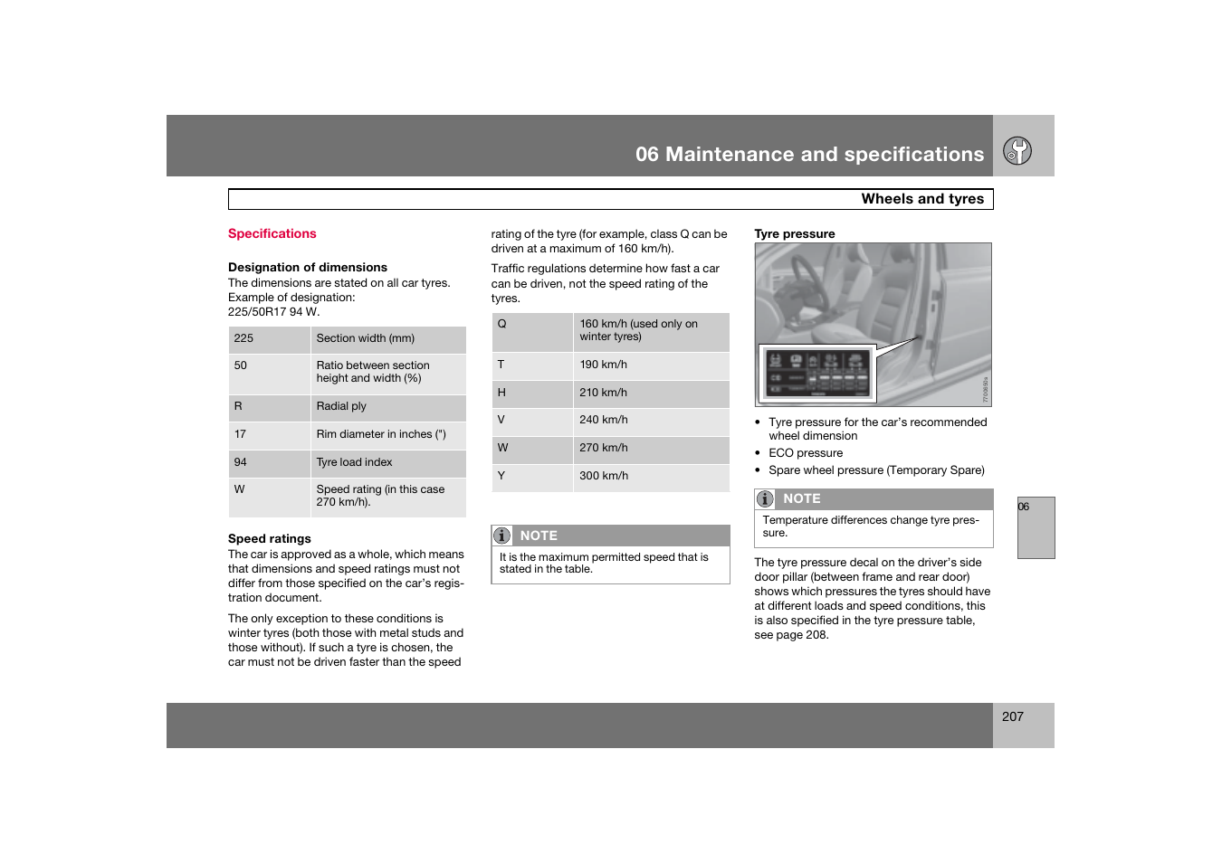 Specifications, 06 maintenance and specifications | Volvo 2007 S80 User Manual | Page 208 / 234