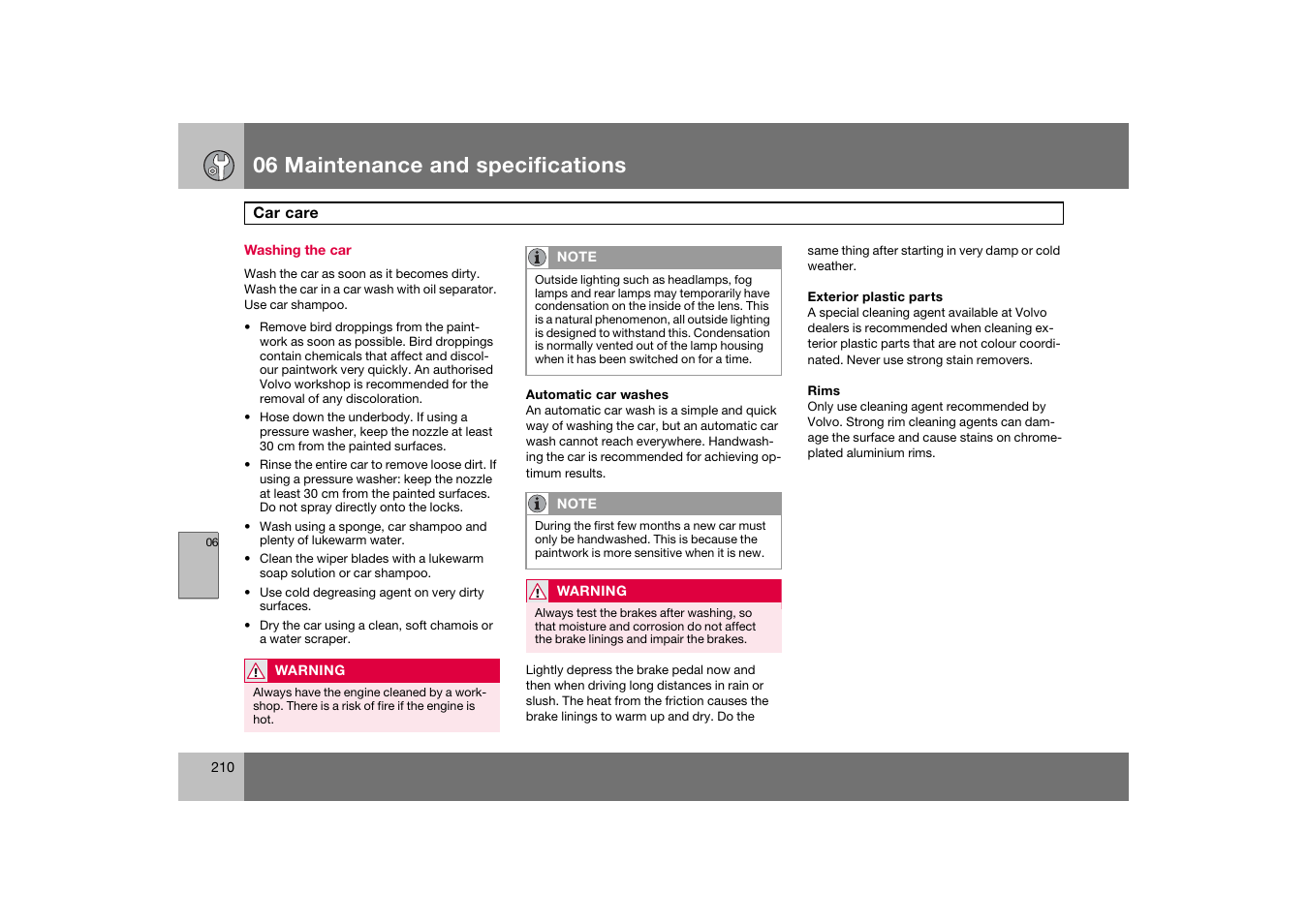 Washing the car, Car care, 06 maintenance and specifications | Volvo 2007 S80 User Manual | Page 211 / 234