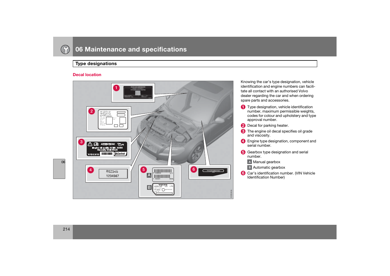 Decal location, Type designations, 06 maintenance and specifications | Volvo 2007 S80 User Manual | Page 215 / 234