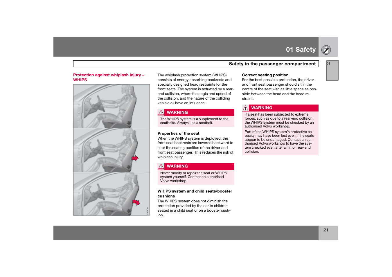 Protection against whiplash injury - whips, 01 safety | Volvo 2007 S80 User Manual | Page 22 / 234