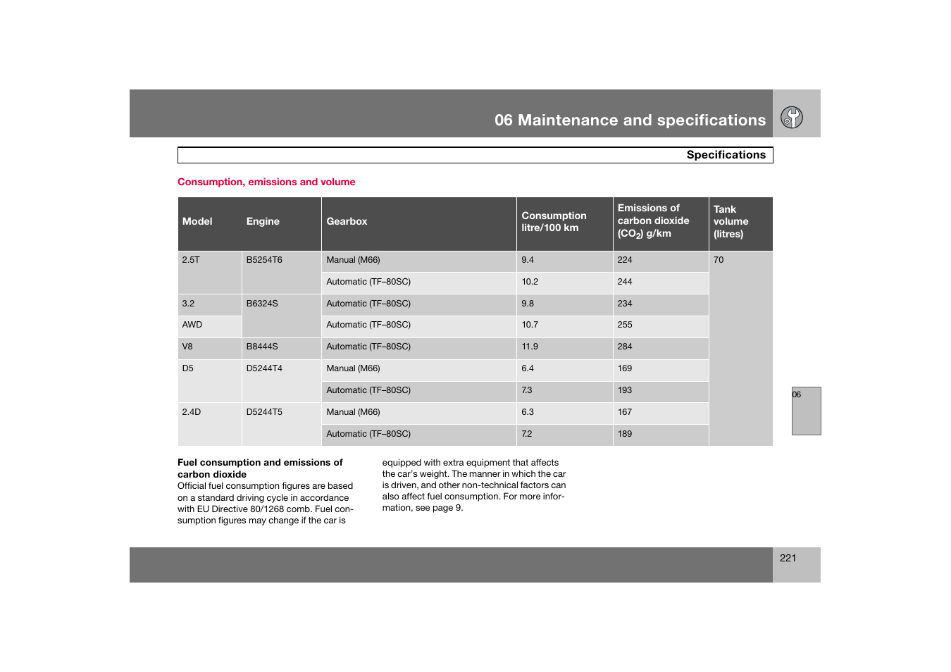 Consumption, emissions and volume, 06 maintenance and specifications | Volvo 2007 S80 User Manual | Page 222 / 234