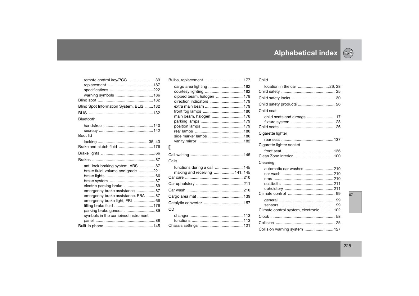 Alphabetical index | Volvo 2007 S80 User Manual | Page 226 / 234