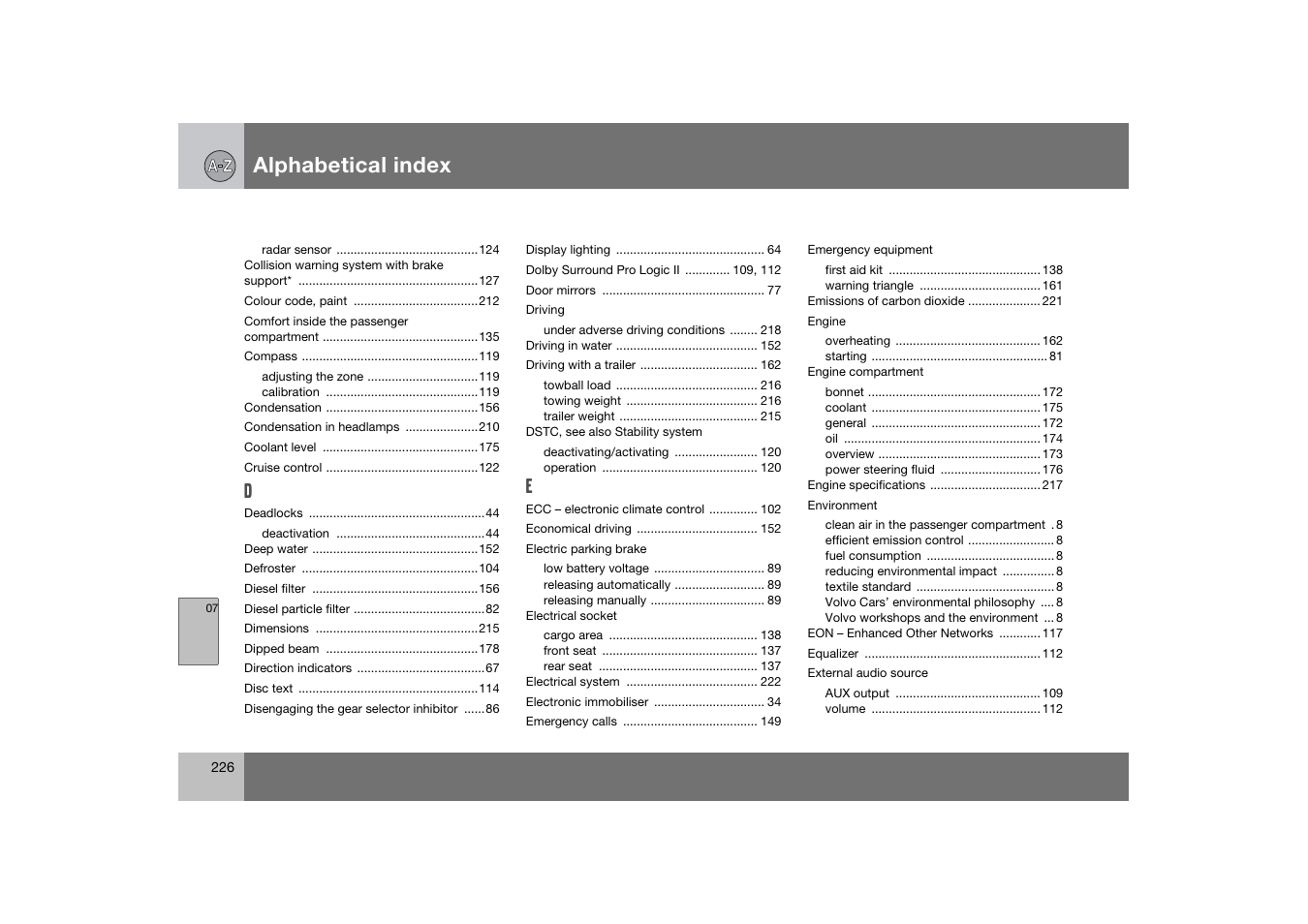 Alphabetical index | Volvo 2007 S80 User Manual | Page 227 / 234