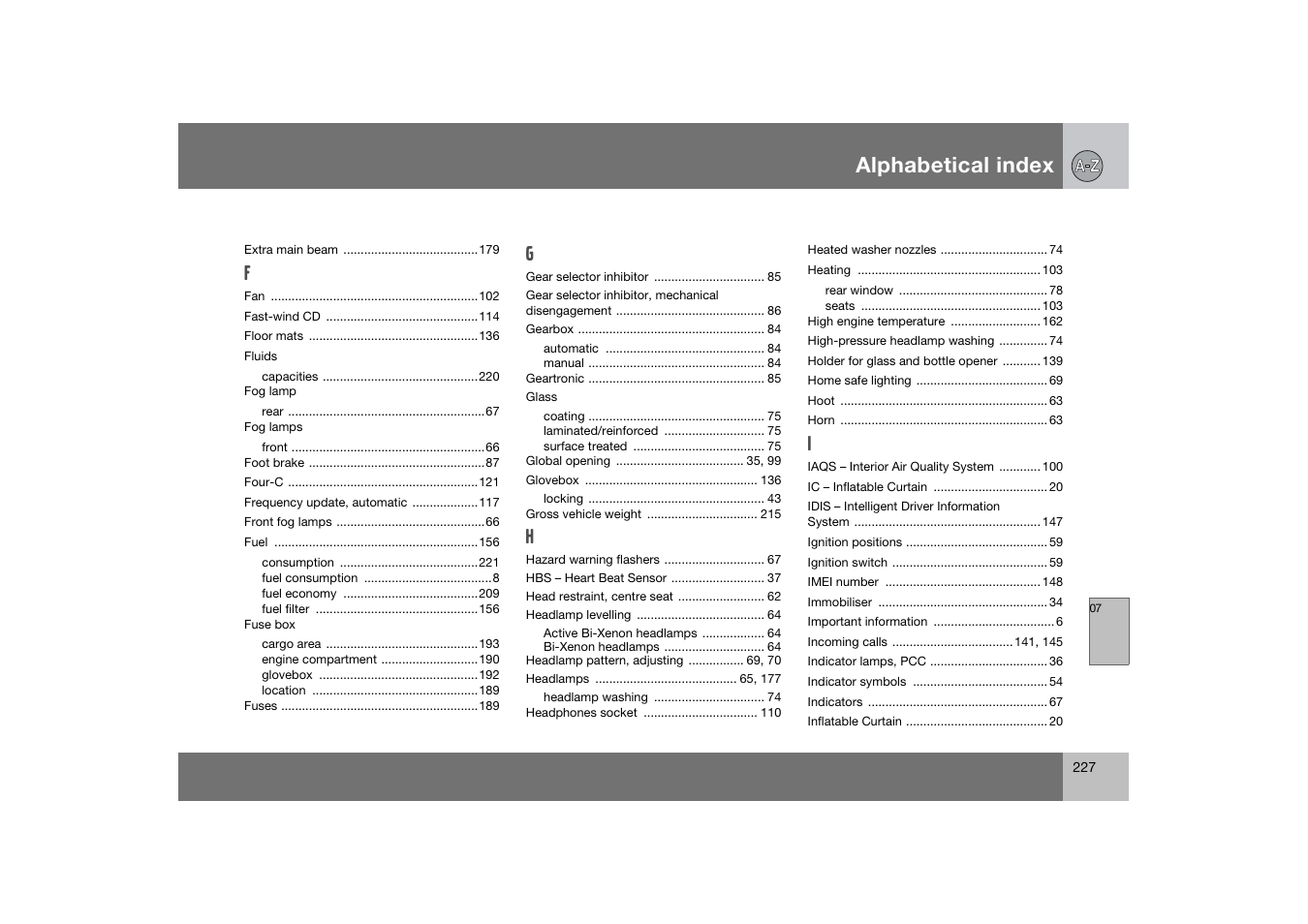 Alphabetical index | Volvo 2007 S80 User Manual | Page 228 / 234