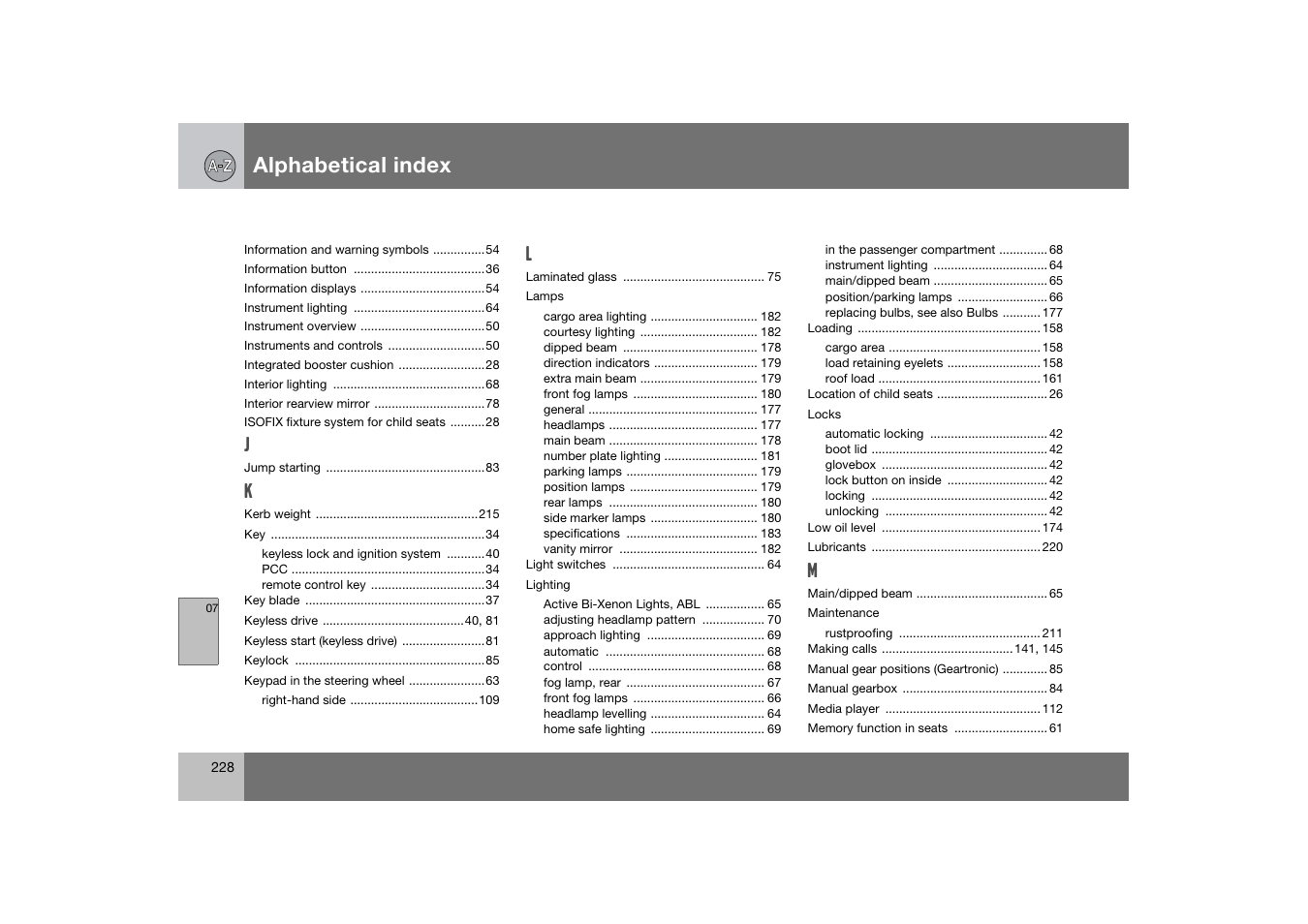 Alphabetical index | Volvo 2007 S80 User Manual | Page 229 / 234