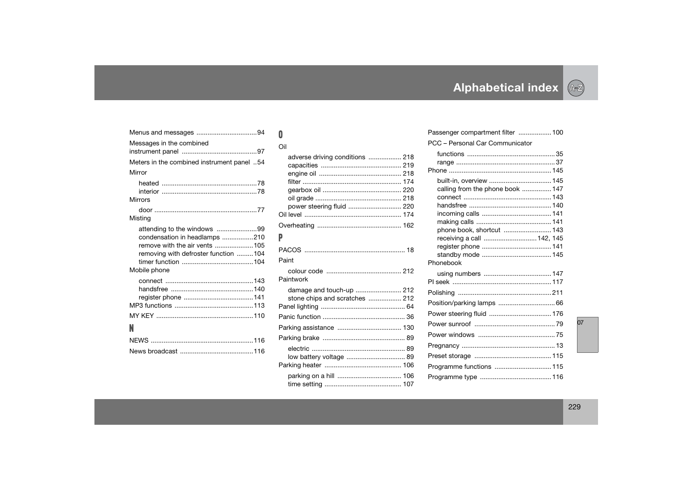 Alphabetical index | Volvo 2007 S80 User Manual | Page 230 / 234