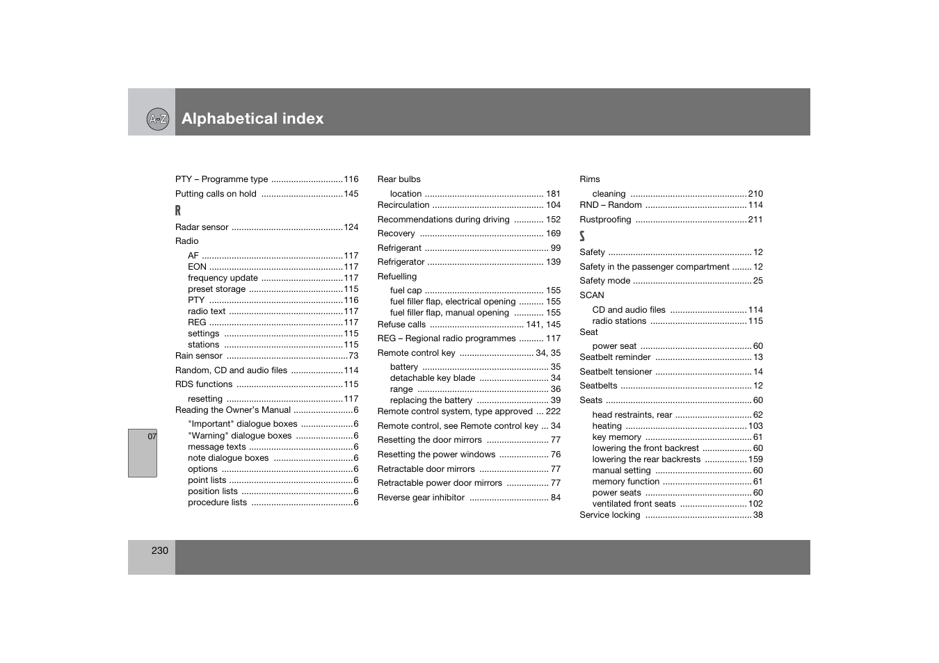 Alphabetical index | Volvo 2007 S80 User Manual | Page 231 / 234