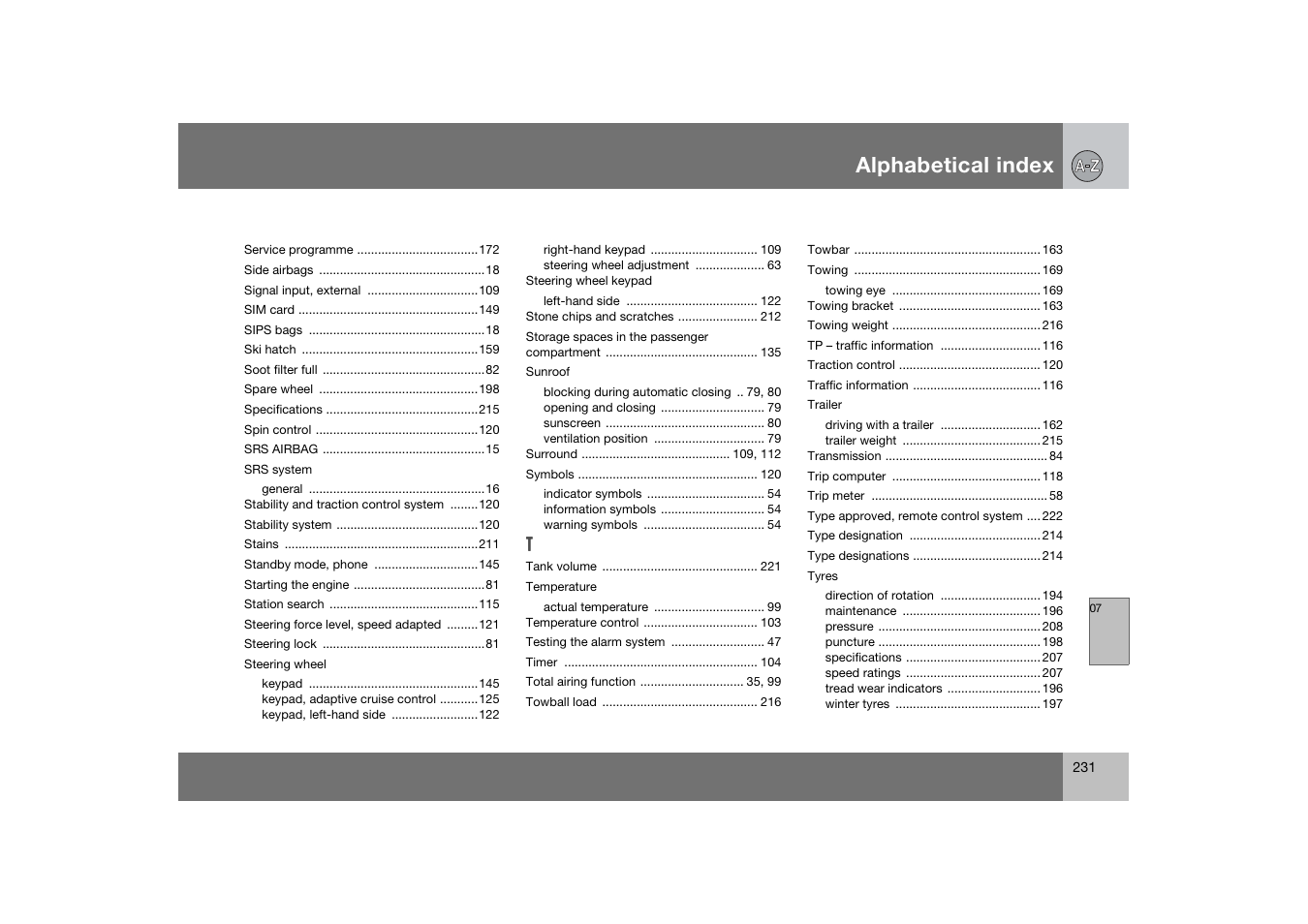 Alphabetical index | Volvo 2007 S80 User Manual | Page 232 / 234