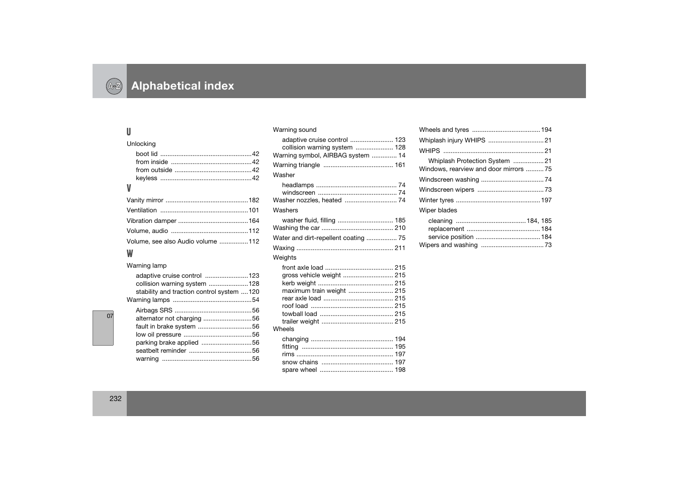 Alphabetical index | Volvo 2007 S80 User Manual | Page 233 / 234