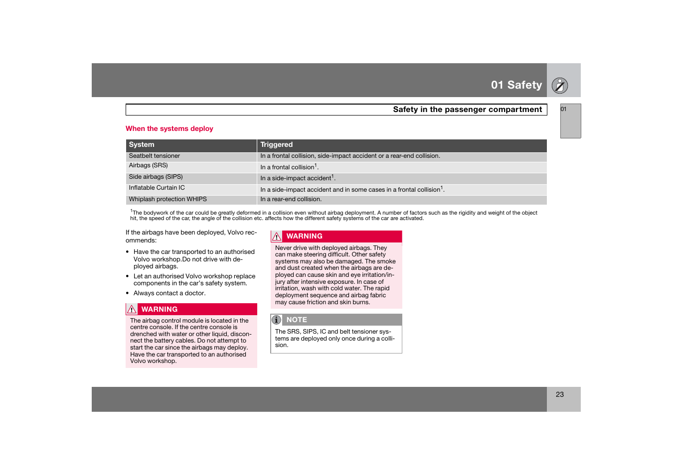 When the systems deploy, 01 safety | Volvo 2007 S80 User Manual | Page 24 / 234