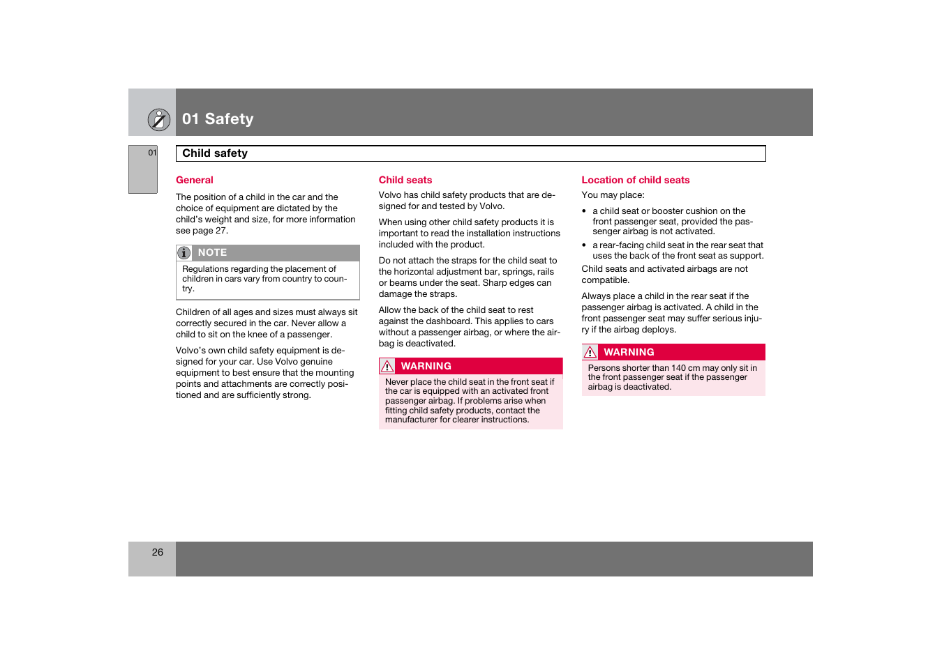 General, Child seats, Location of child seats | Child safety, 01 safety | Volvo 2007 S80 User Manual | Page 27 / 234