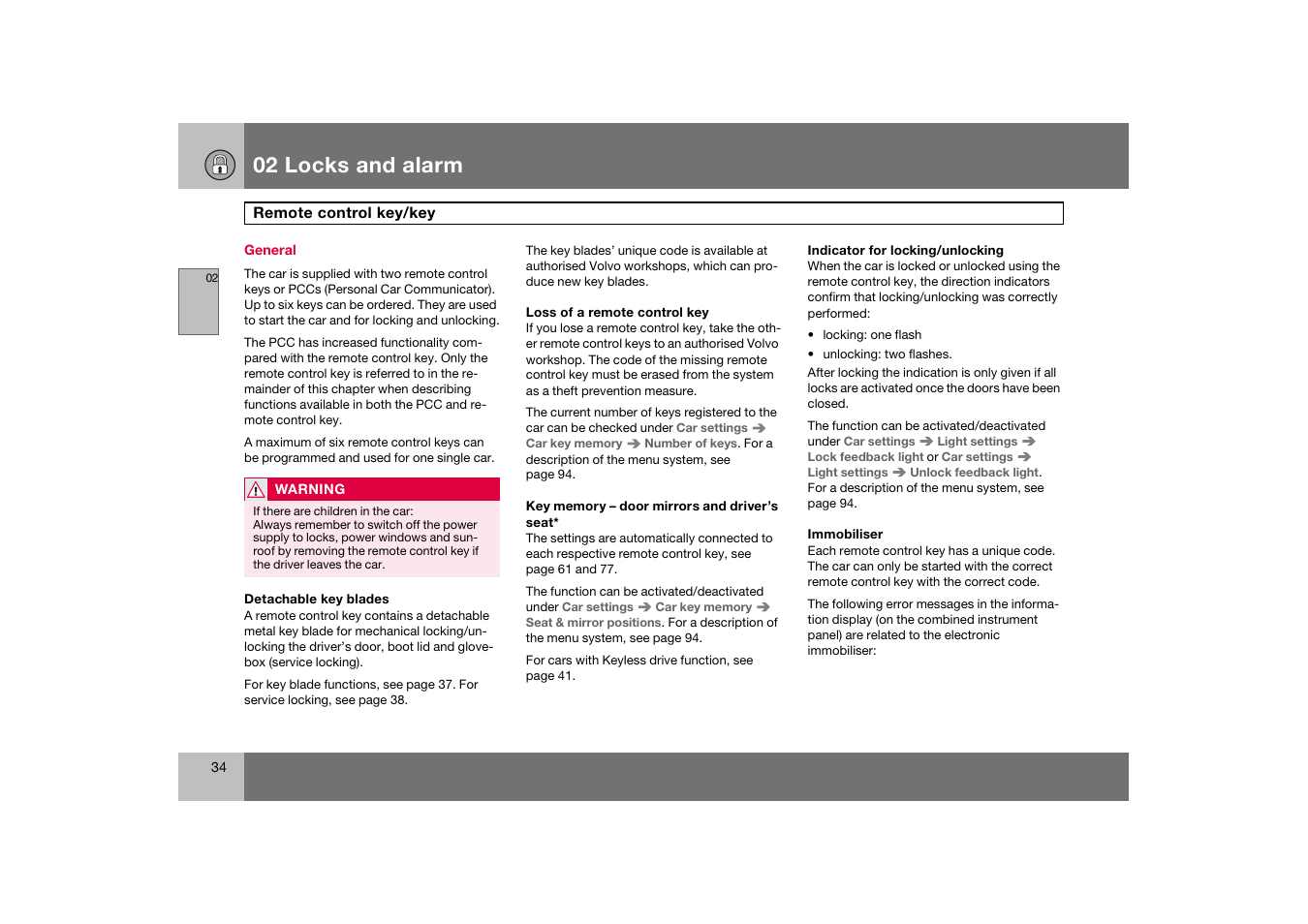 General, Remote control key/key, 02 locks and alarm | Volvo 2007 S80 User Manual | Page 35 / 234