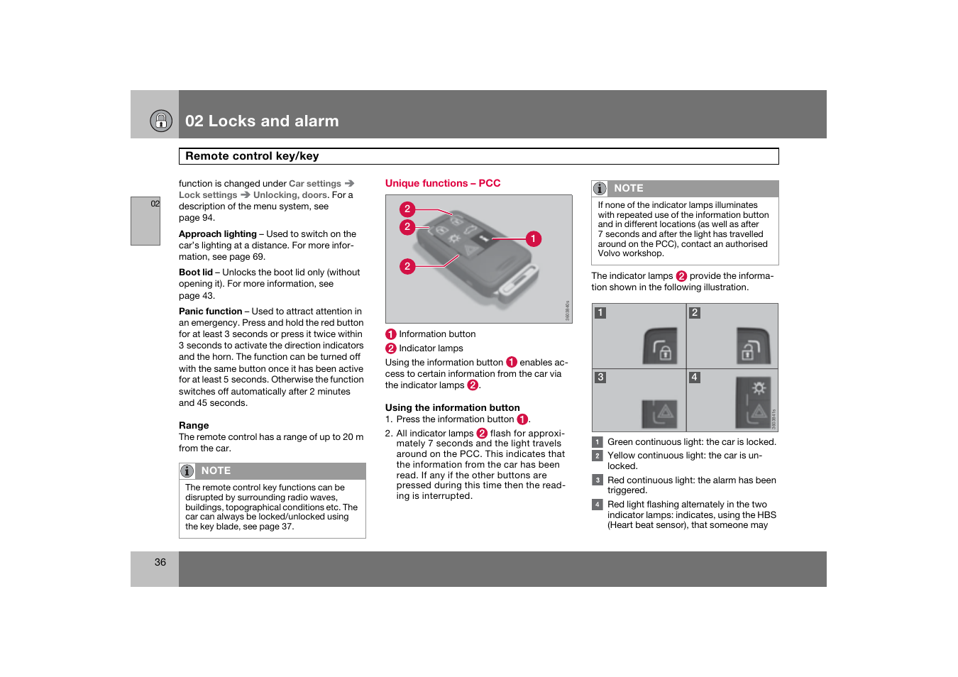 Unique functions - pcc, 02 locks and alarm | Volvo 2007 S80 User Manual | Page 37 / 234