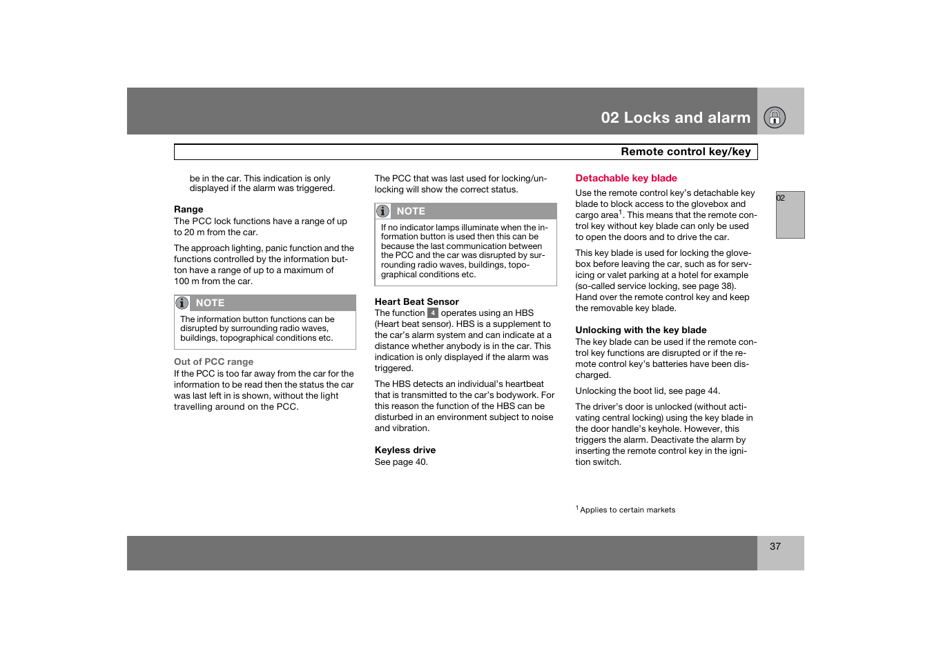 Detachable key blade, 02 locks and alarm | Volvo 2007 S80 User Manual | Page 38 / 234