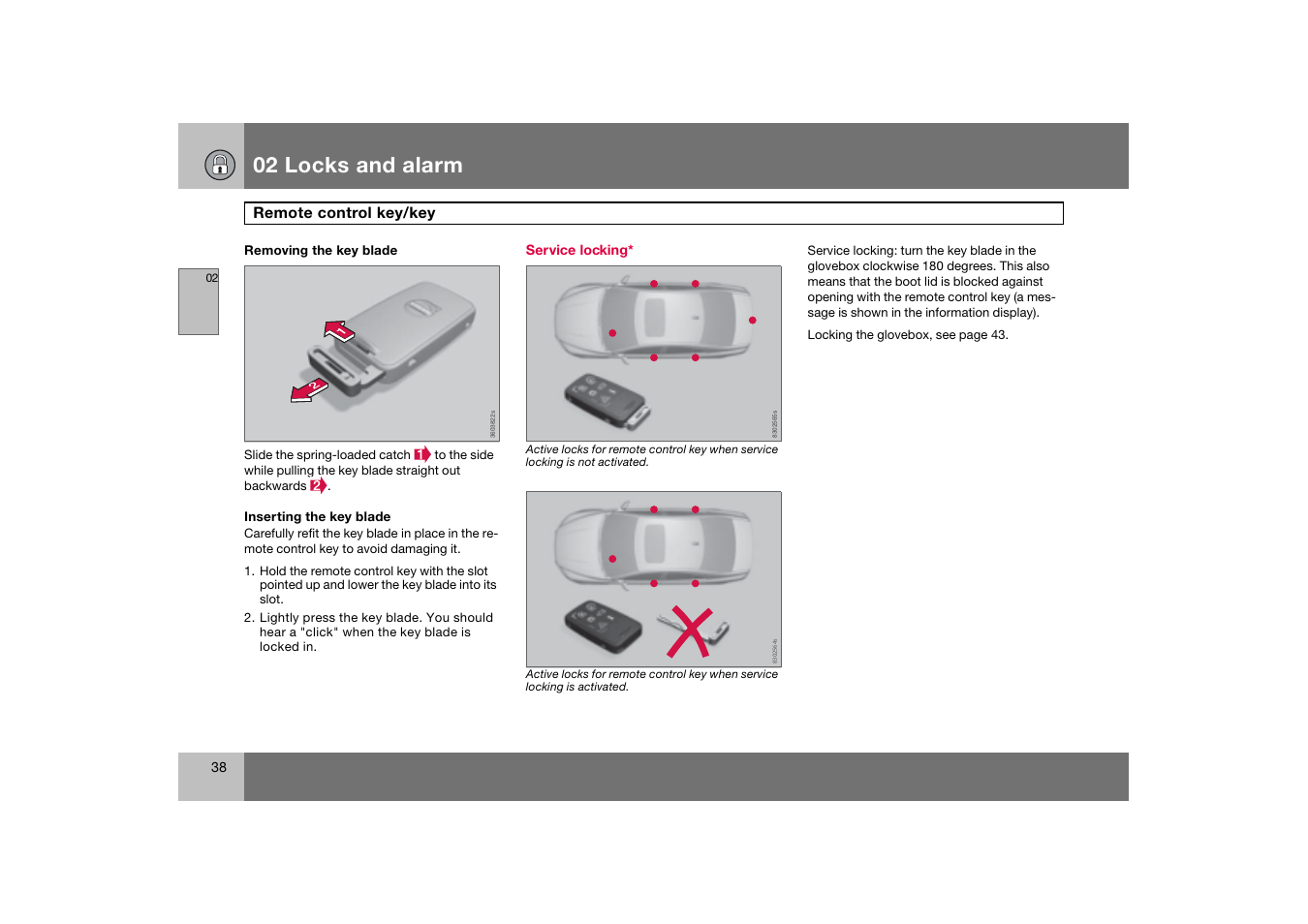 Service locking, 02 locks and alarm | Volvo 2007 S80 User Manual | Page 39 / 234