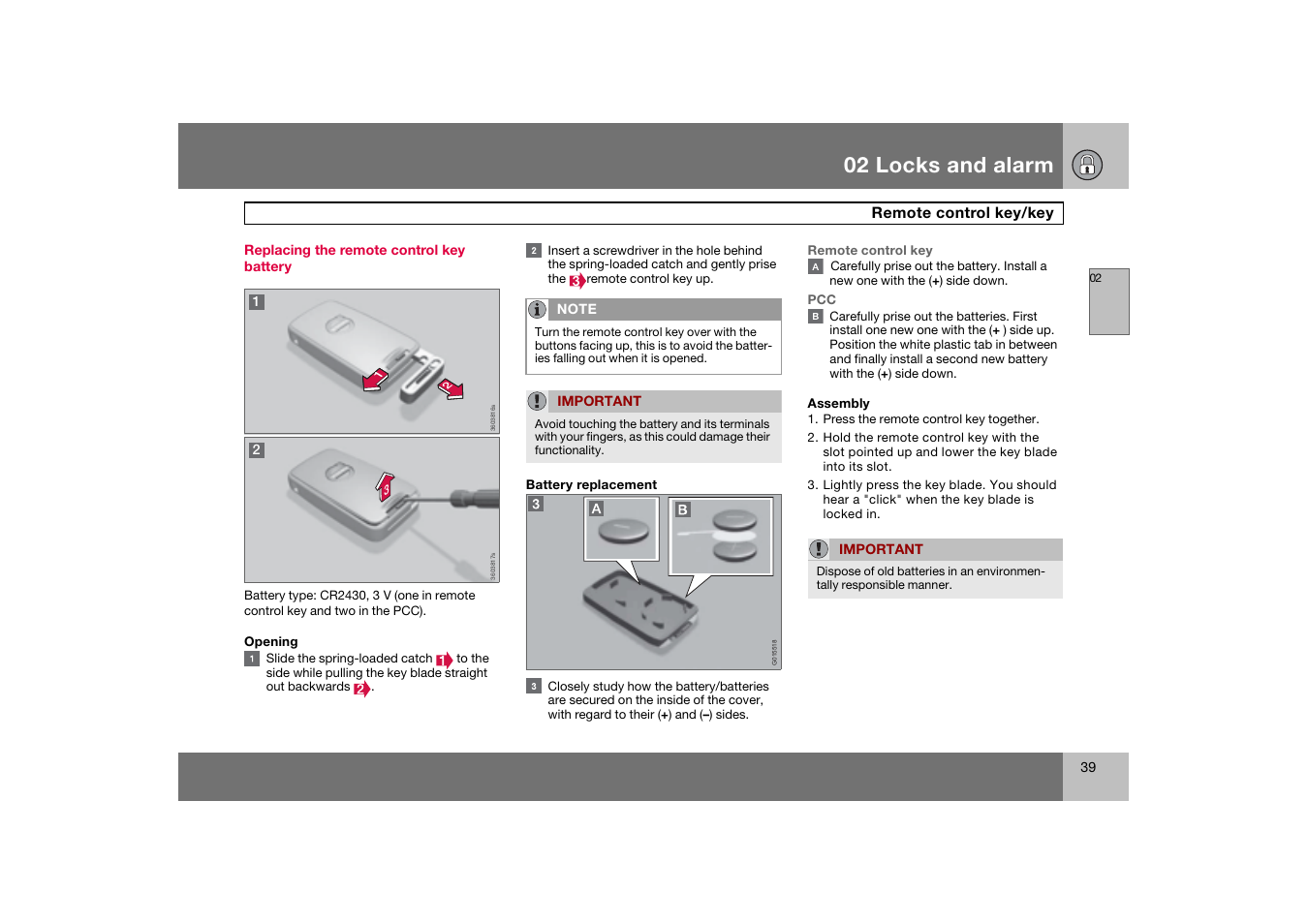 Replacing the remote control key battery, 02 locks and alarm | Volvo 2007 S80 User Manual | Page 40 / 234