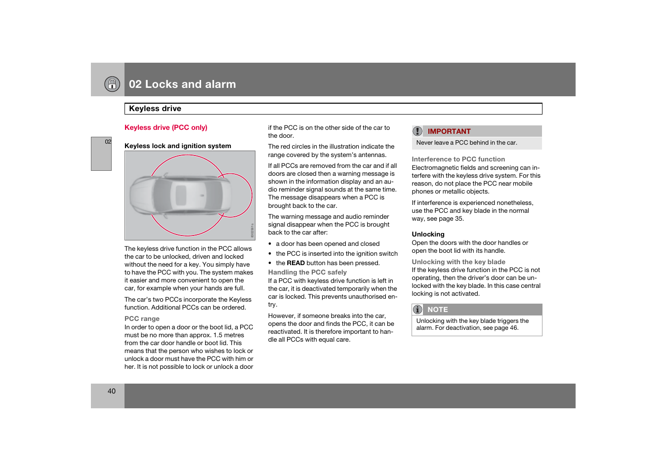 Keyless drive (pcc only), Keyless drive, 02 locks and alarm | Volvo 2007 S80 User Manual | Page 41 / 234