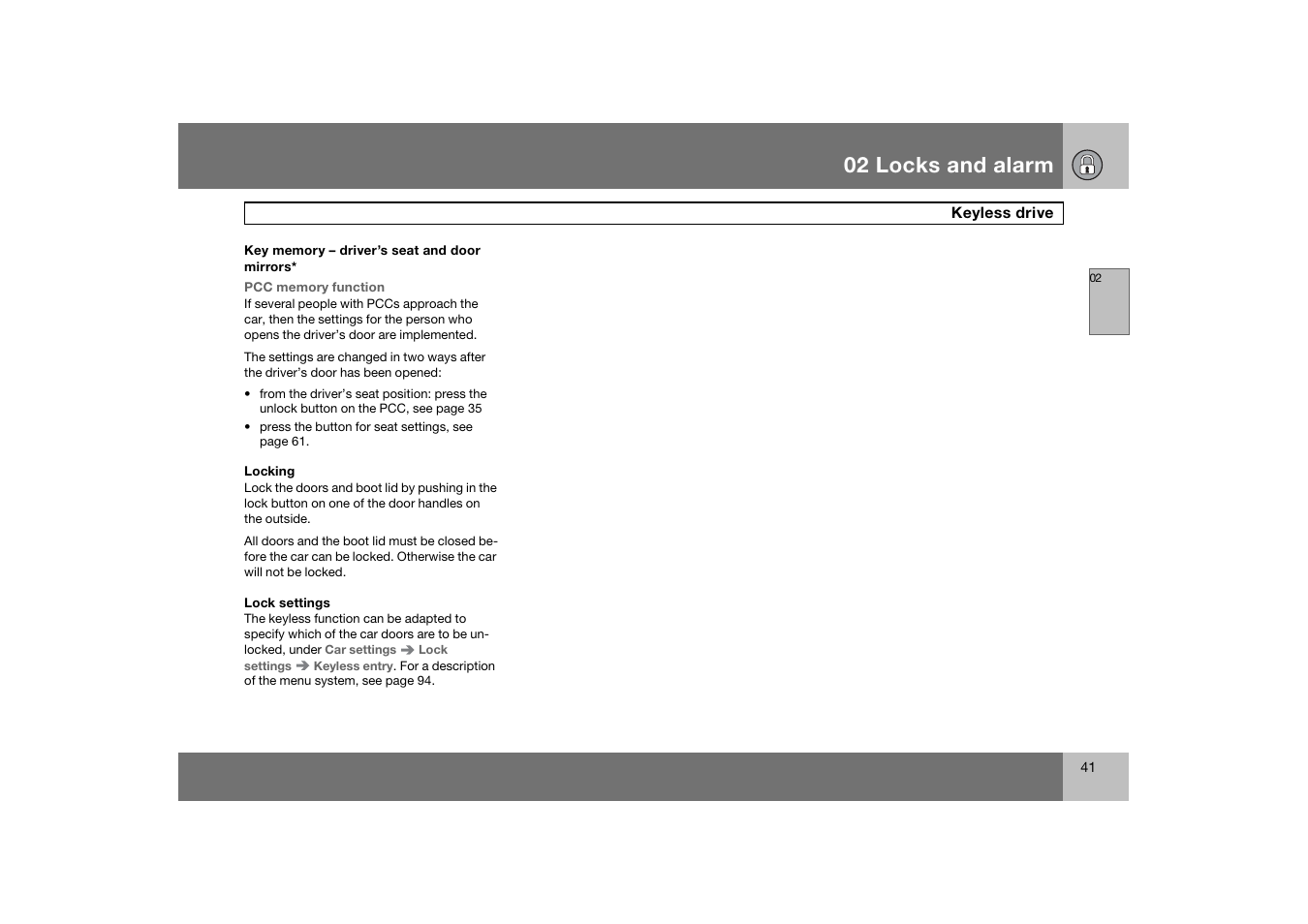 02 locks and alarm | Volvo 2007 S80 User Manual | Page 42 / 234