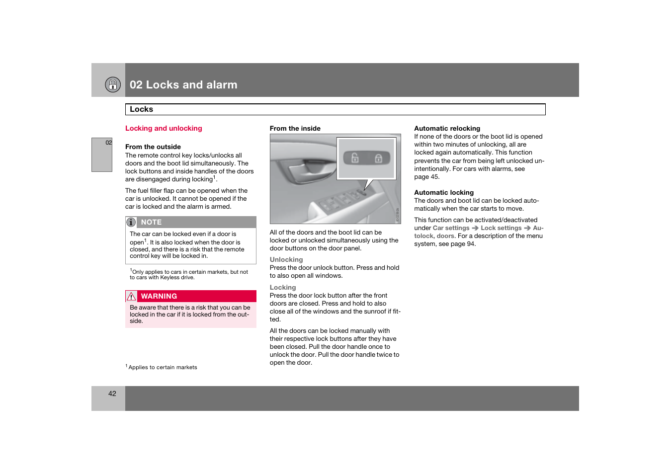 Locking and unlocking, Locks, 02 locks and alarm | Volvo 2007 S80 User Manual | Page 43 / 234