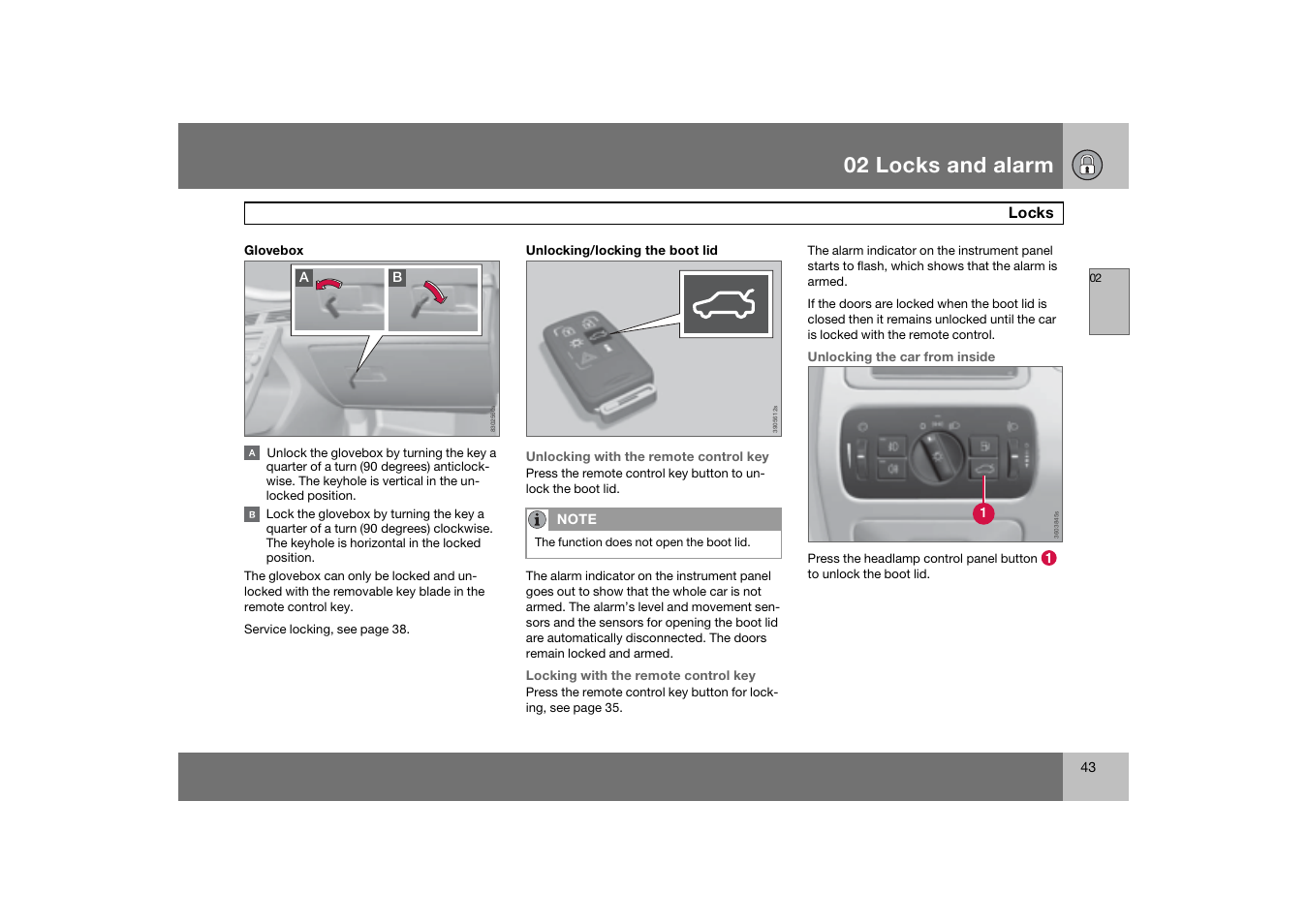 02 locks and alarm | Volvo 2007 S80 User Manual | Page 44 / 234