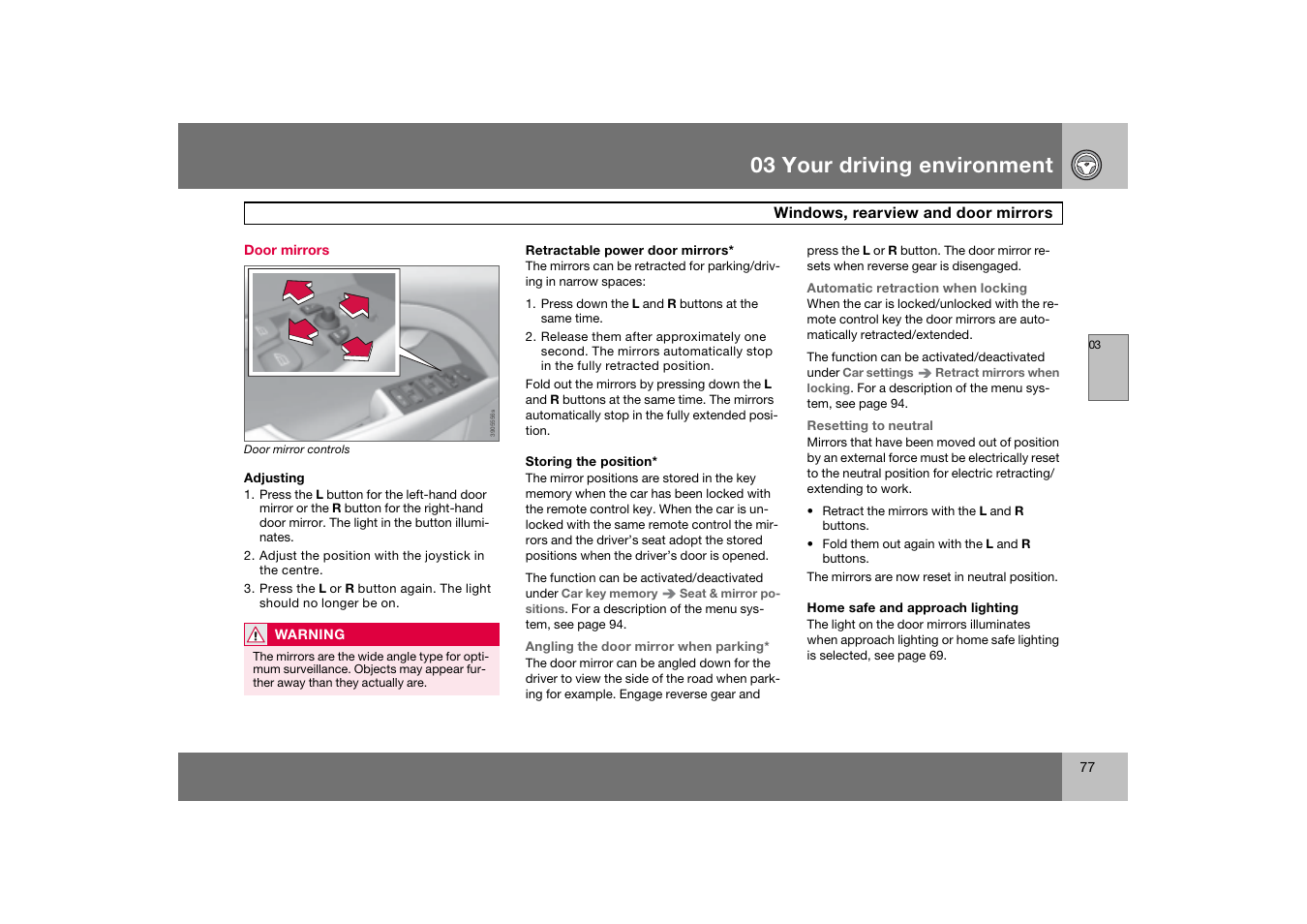 Door mirrors, 03 your driving environment | Volvo 2007 S80 User Manual | Page 78 / 234