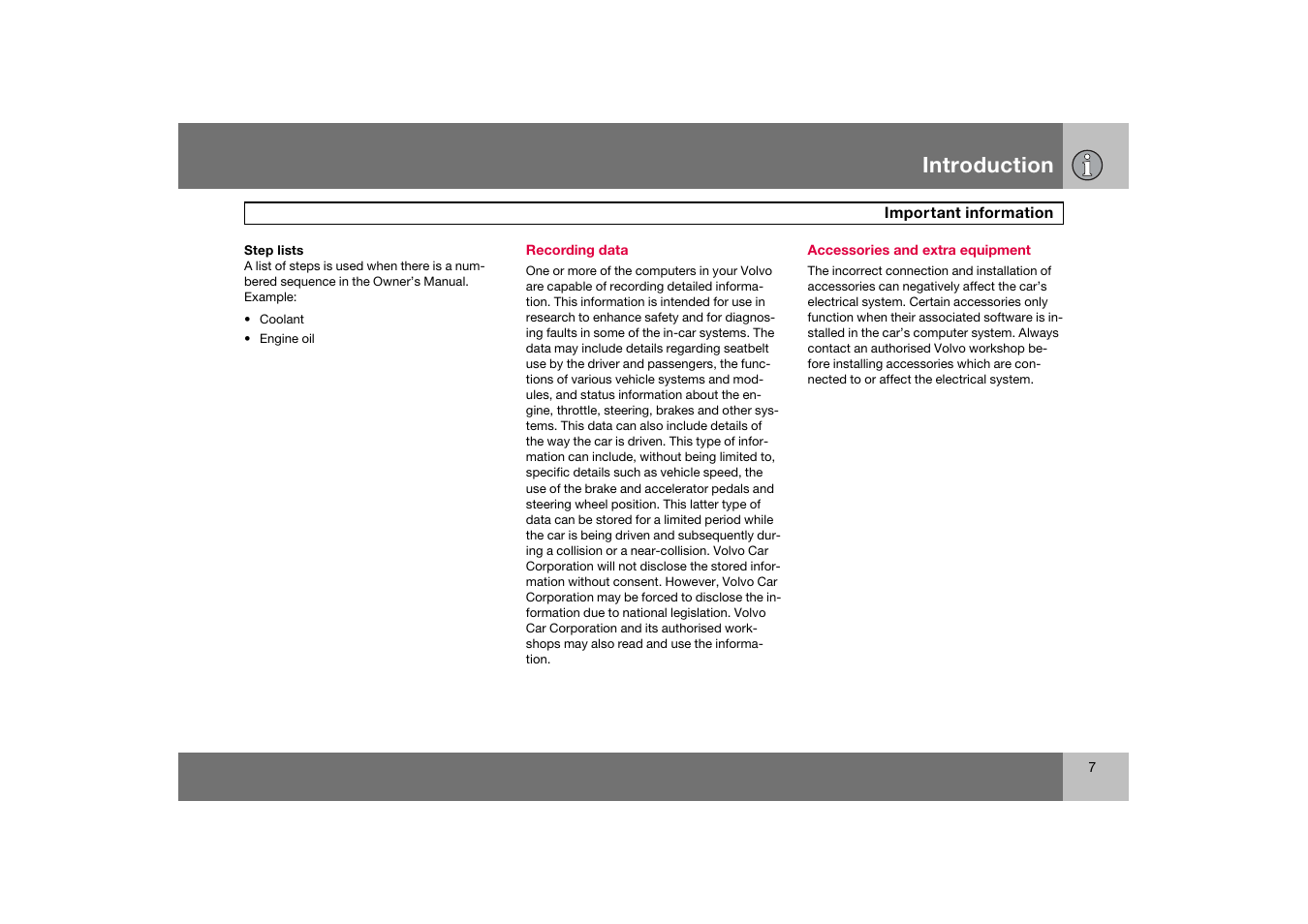 Recording data, Accessories and extra equipment, Introduction | Volvo 2007 S80 User Manual | Page 8 / 234