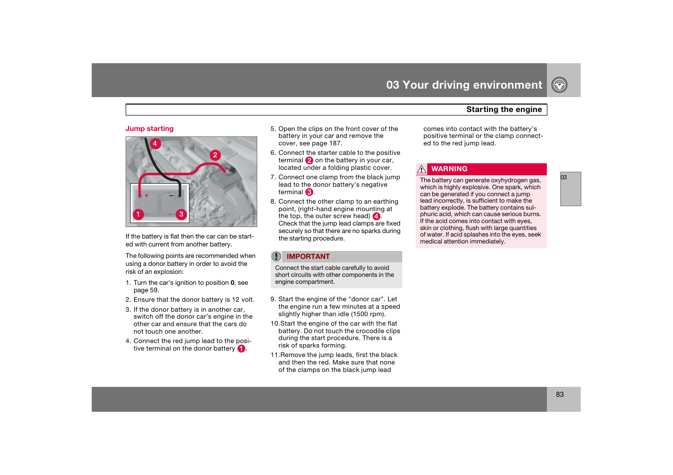 Jump starting, 03 your driving environment | Volvo 2007 S80 User Manual | Page 84 / 234