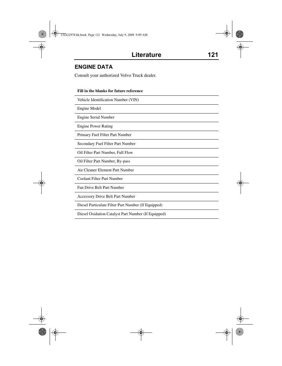 Literature 121, Engine data | Volvo D11F User Manual | Page 125 / 132