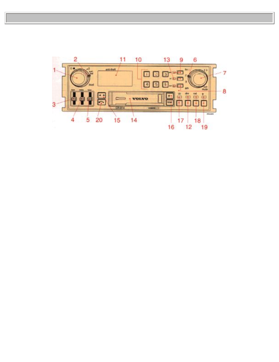 93940_1_17.html, 1993 volvo 940, On/off | Volume, Frequency tuning, Pause/mute (press), Cd - track no. selector 8. scanning 9, Autostore, Cd - random play 10, Prest buttons | Volvo 940 User Manual | Page 17 / 204