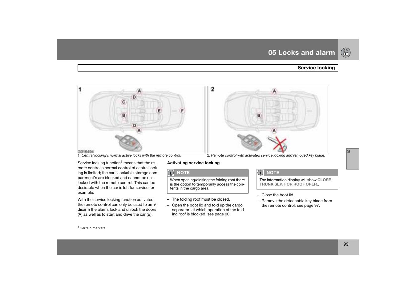 Service locking, 05 locks and alarm | Volvo C70 User Manual | Page 100 / 251