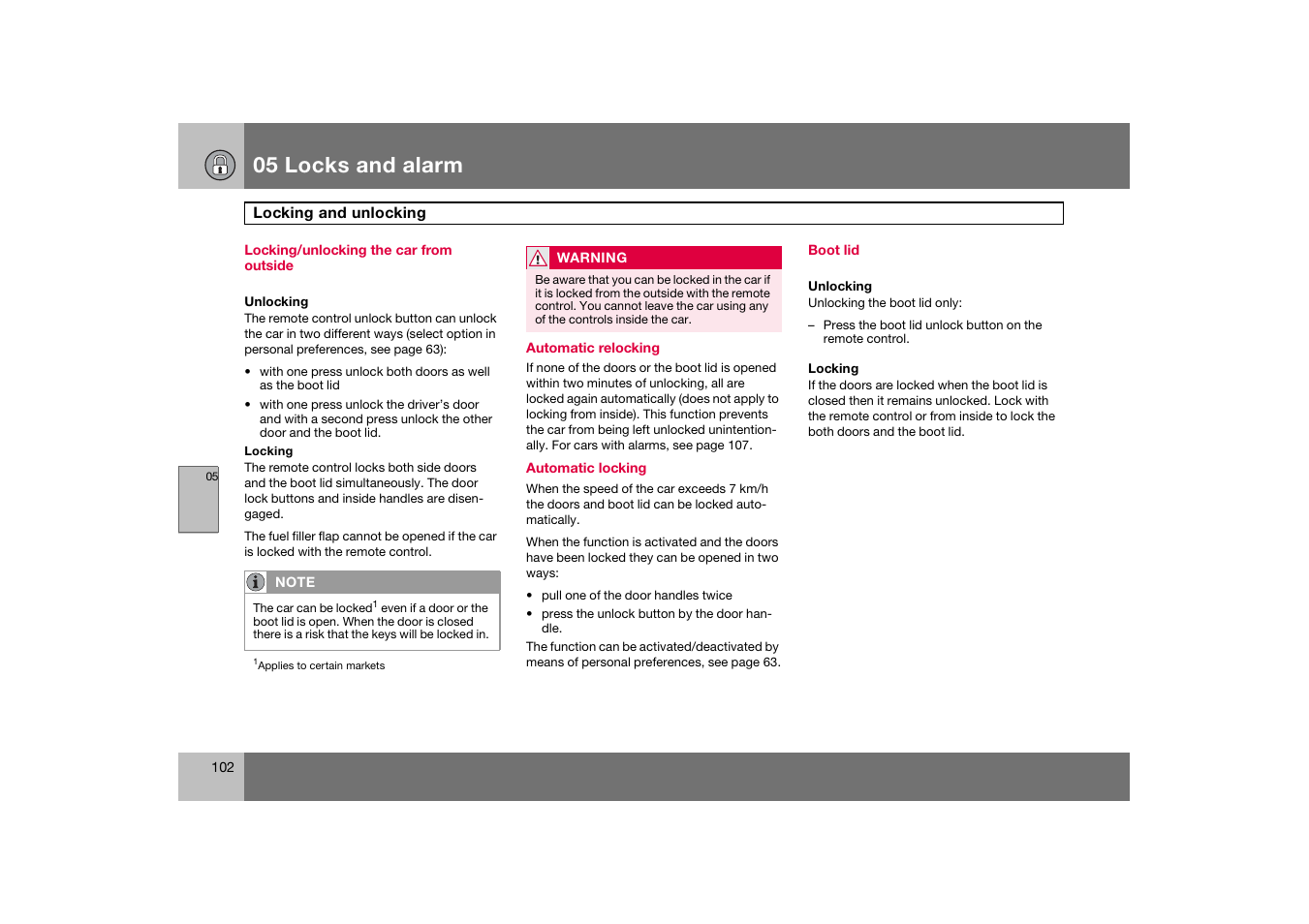 Locking/unlocking the car from outside, Boot lid, Locking and unlocking | 05 locks and alarm | Volvo C70 User Manual | Page 103 / 251