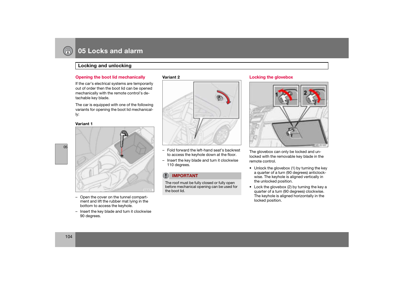 Opening the boot lid mechanically, Locking the glovebox, 05 locks and alarm | Volvo C70 User Manual | Page 105 / 251