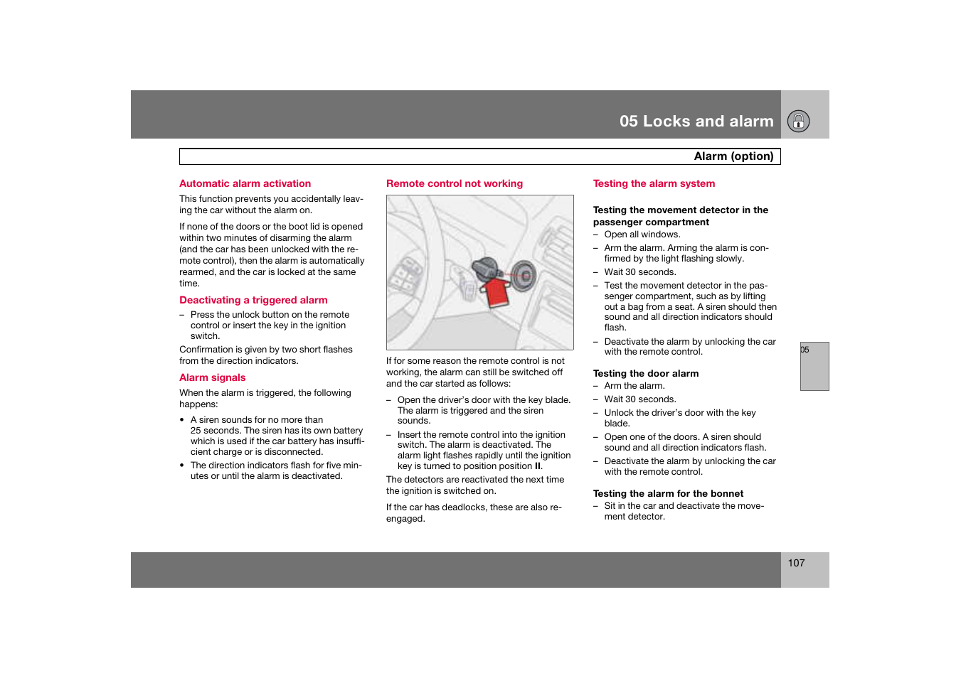 Testing the alarm system, 05 locks and alarm | Volvo C70 User Manual | Page 108 / 251