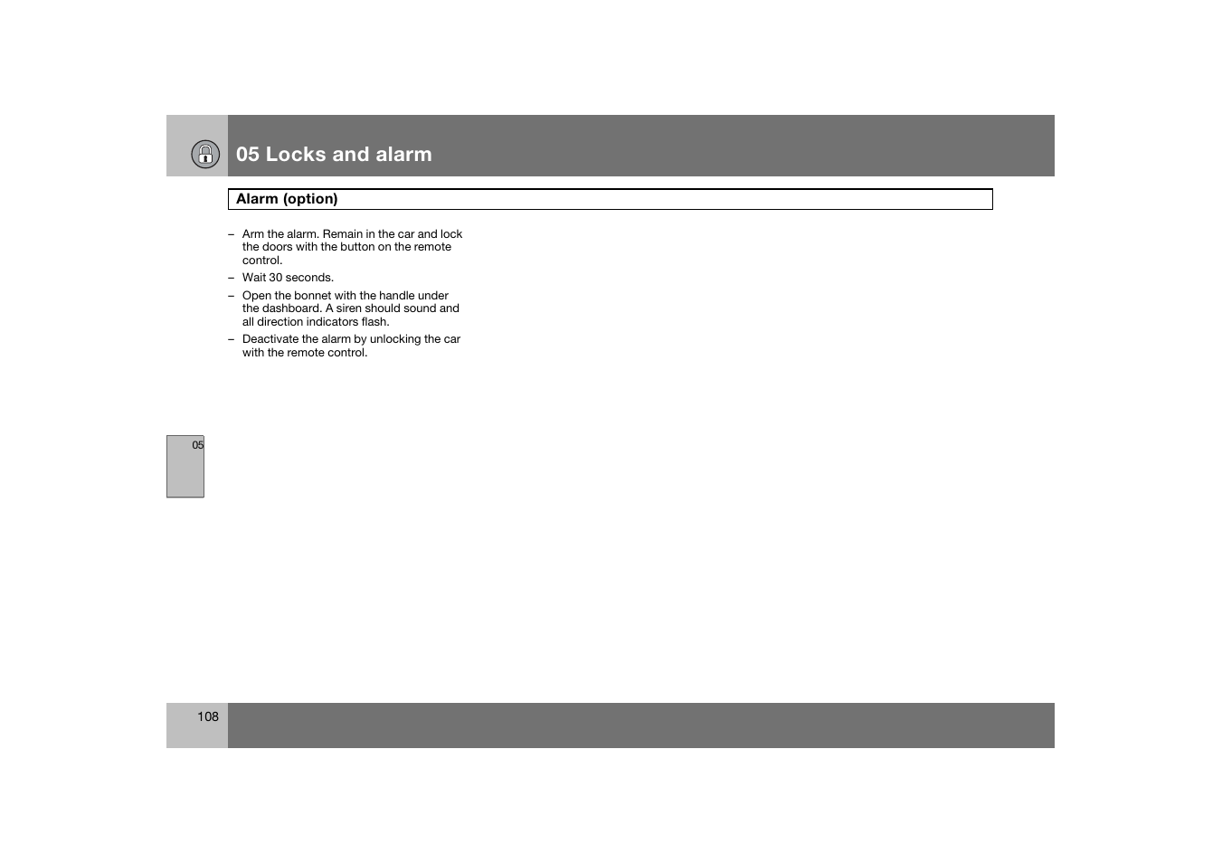 05 locks and alarm | Volvo C70 User Manual | Page 109 / 251