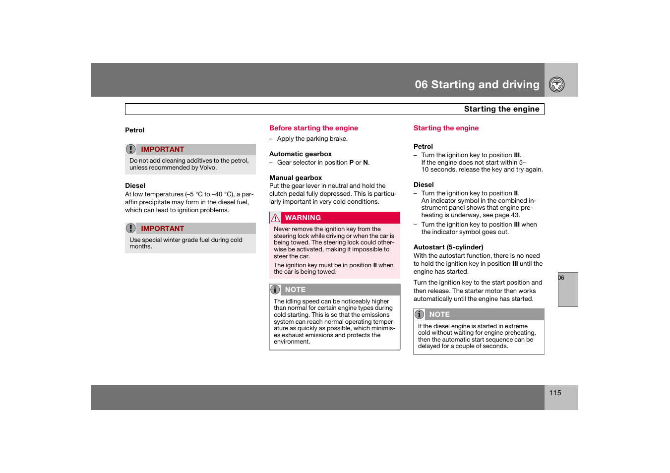 Before starting the engine, Starting the engine, 06 starting and driving | Volvo C70 User Manual | Page 116 / 251