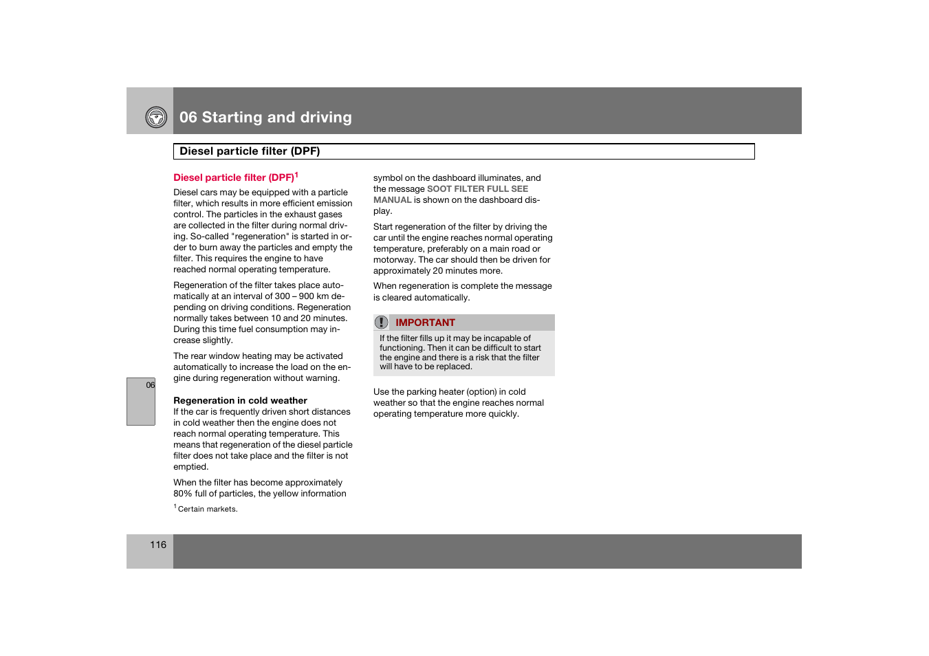 Diesel particle filter (dpf), 06 starting and driving | Volvo C70 User Manual | Page 117 / 251